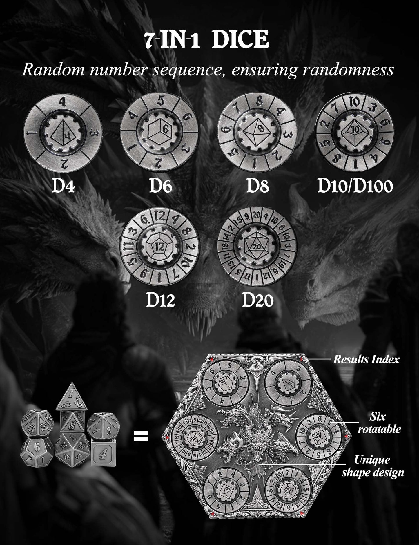 Banloga 7-Piece Metal D&D Dice Set with Dragon Pocket Watch Case | Portable Polyhedral Dice