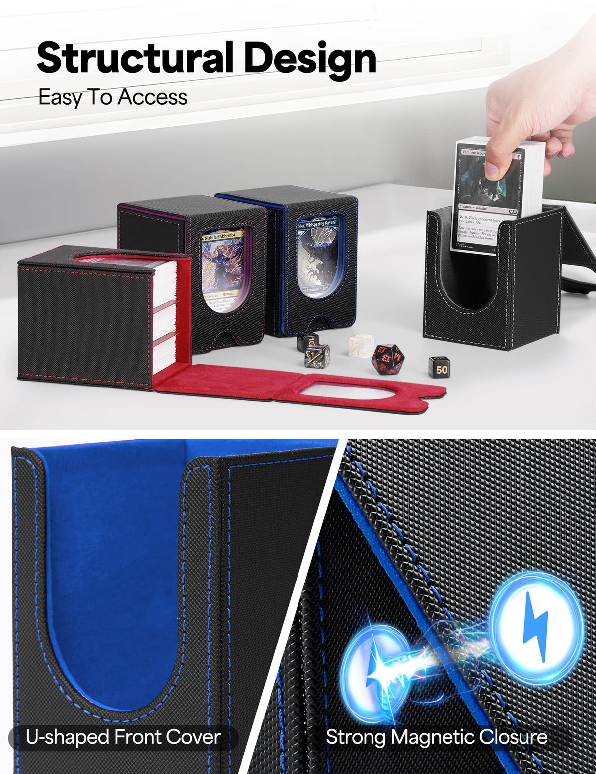 Banloga Card Deck Box for MTG Commander – Holds 100+ Double-Sleeved Cards, 2 Dividers, Black & Blue