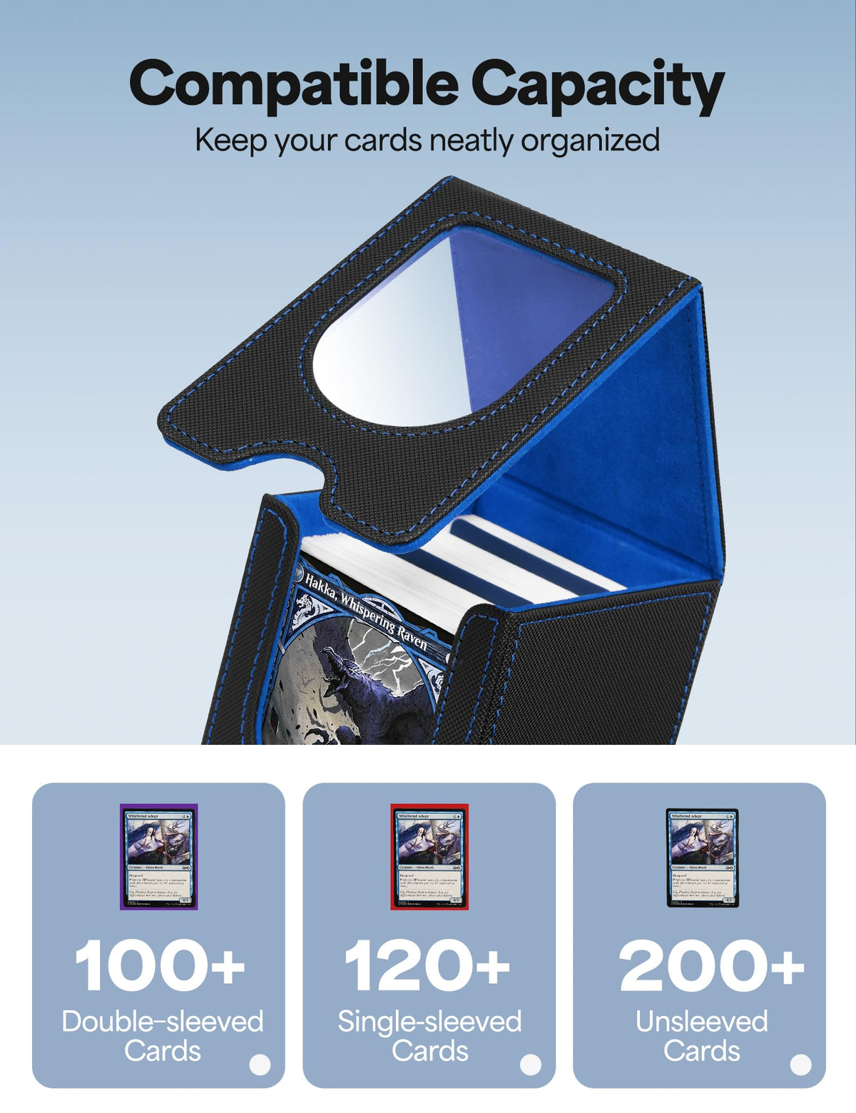 Banloga Card Deck Box for MTG Commander – Holds 100+ Double-Sleeved Cards, 2 Dividers, Black & Blue
