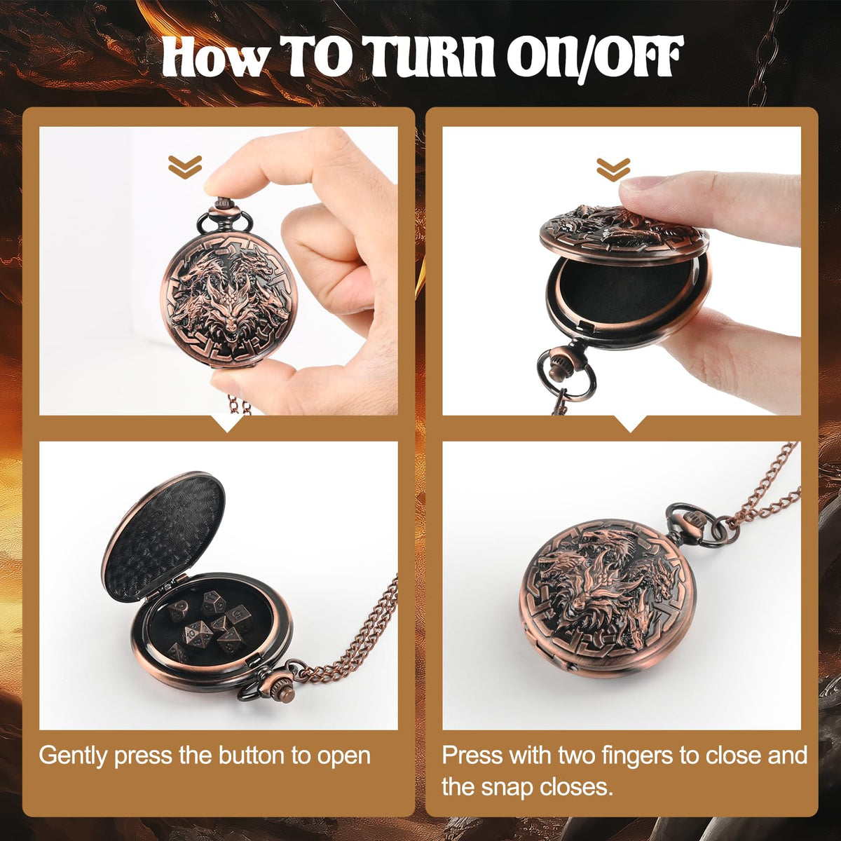 Banloga D&D Dice Set — 7-Piece Copper Metal Dice in Dragon Pocket Watch Case