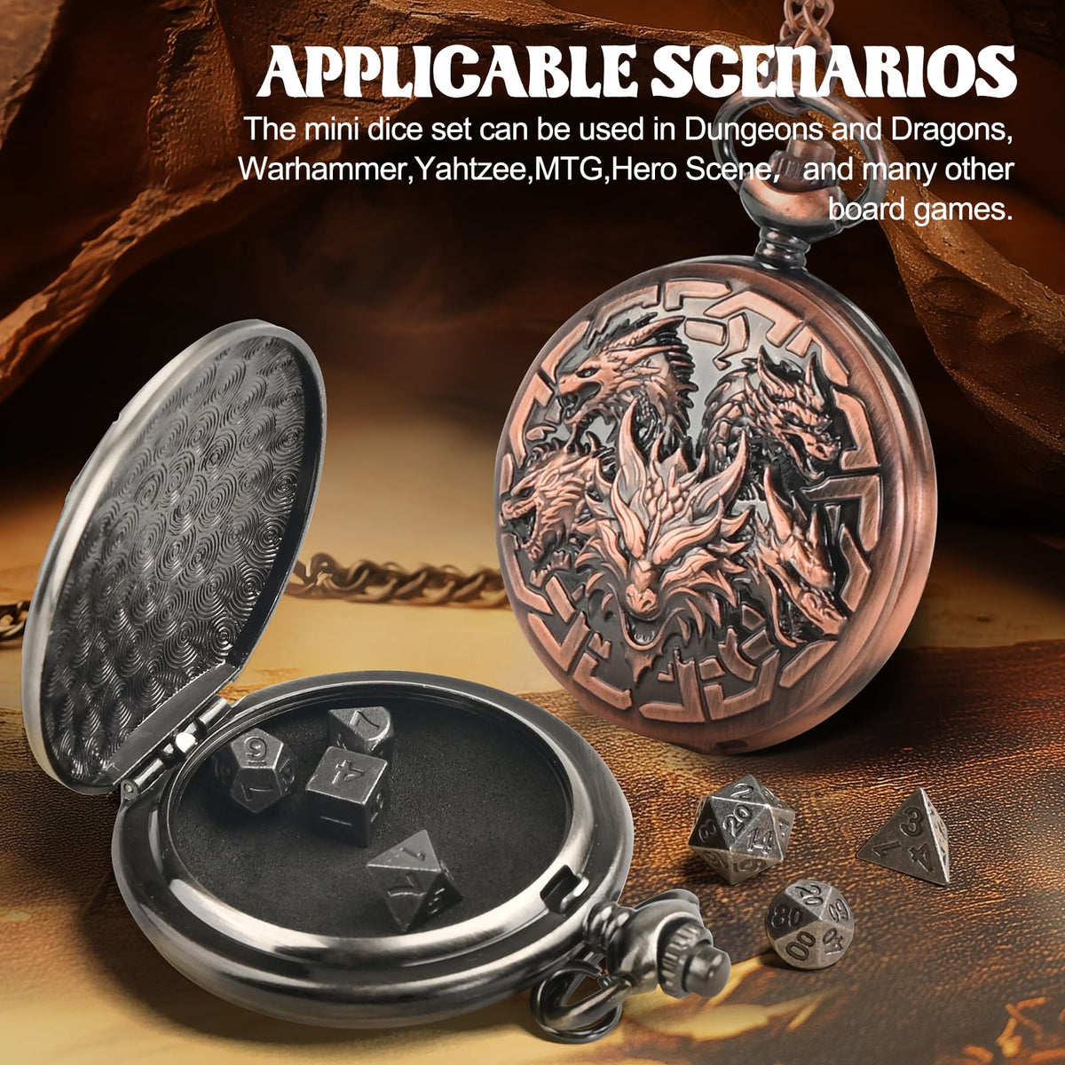 Banloga D&D Dice Set — 7-Piece Copper Metal Dice in Dragon Pocket Watch Case