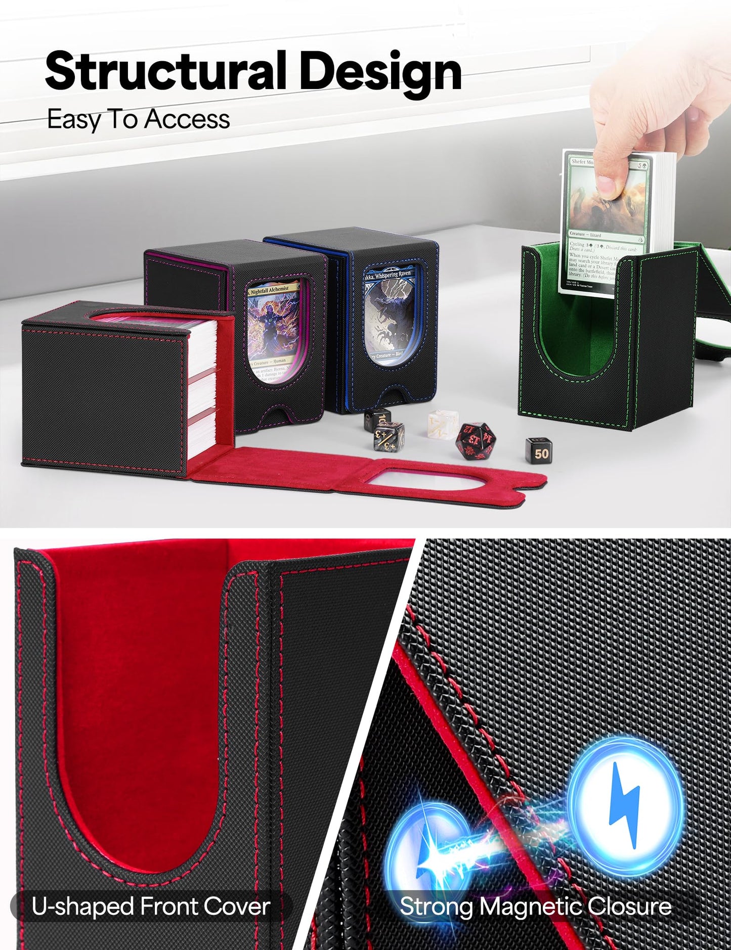 banloga 4 Pack Card Deck Box for MTG Commander – Holds 100+ Cards, 8 Dividers, PU Leather