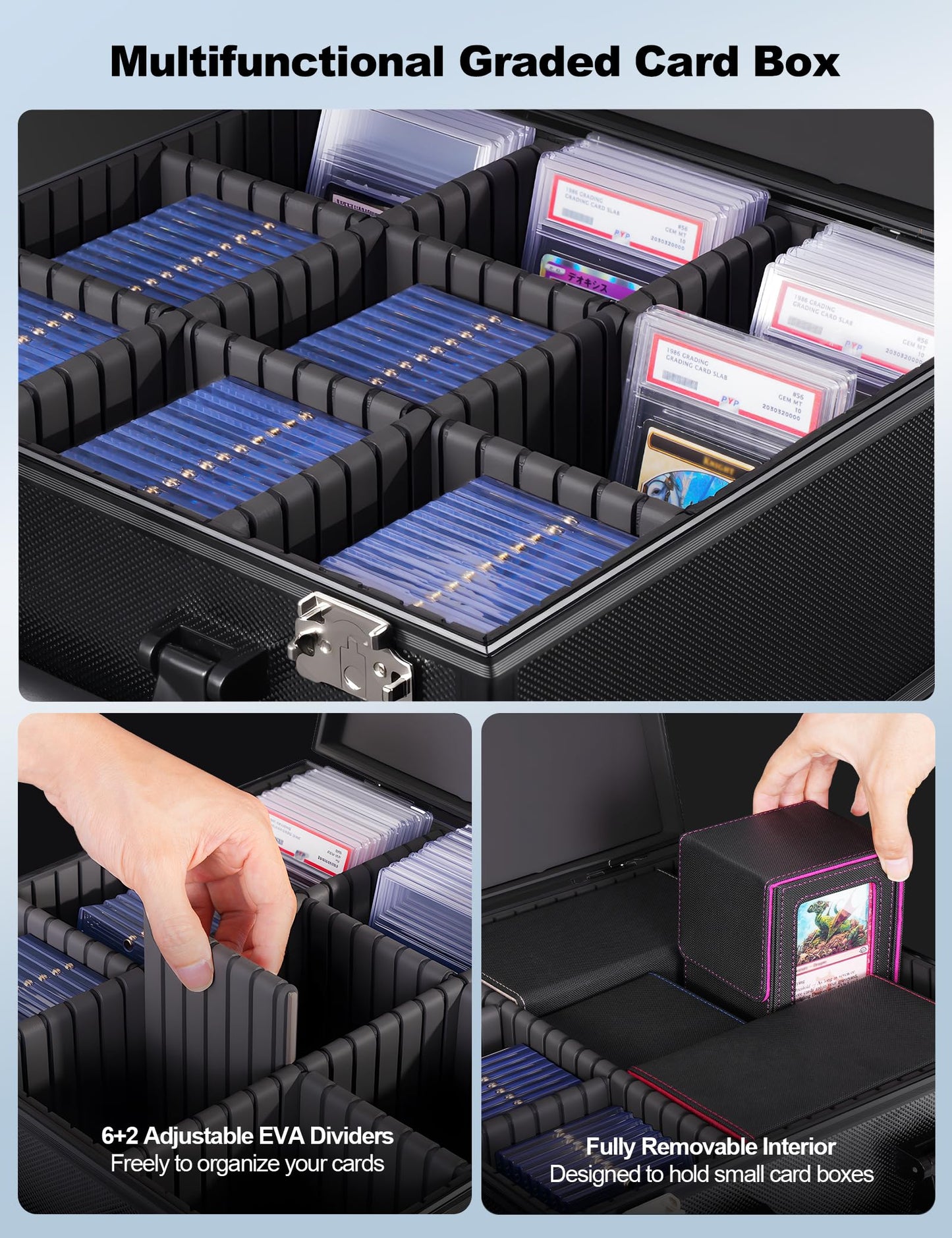 banloga Graded Card Storage Box for PSA with TSA Lock | Aluminum Alloy Case with Display Window | 8 Dividers | Black