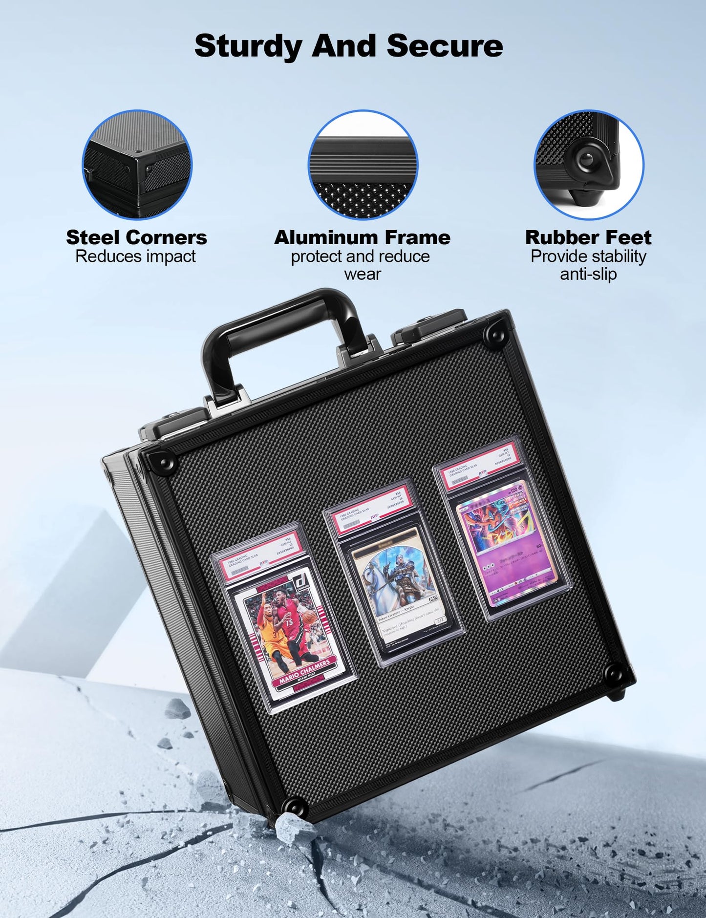 banloga Graded Card Storage Box for PSA with TSA Lock | Aluminum Alloy Case with Display Window | 8 Dividers | Black