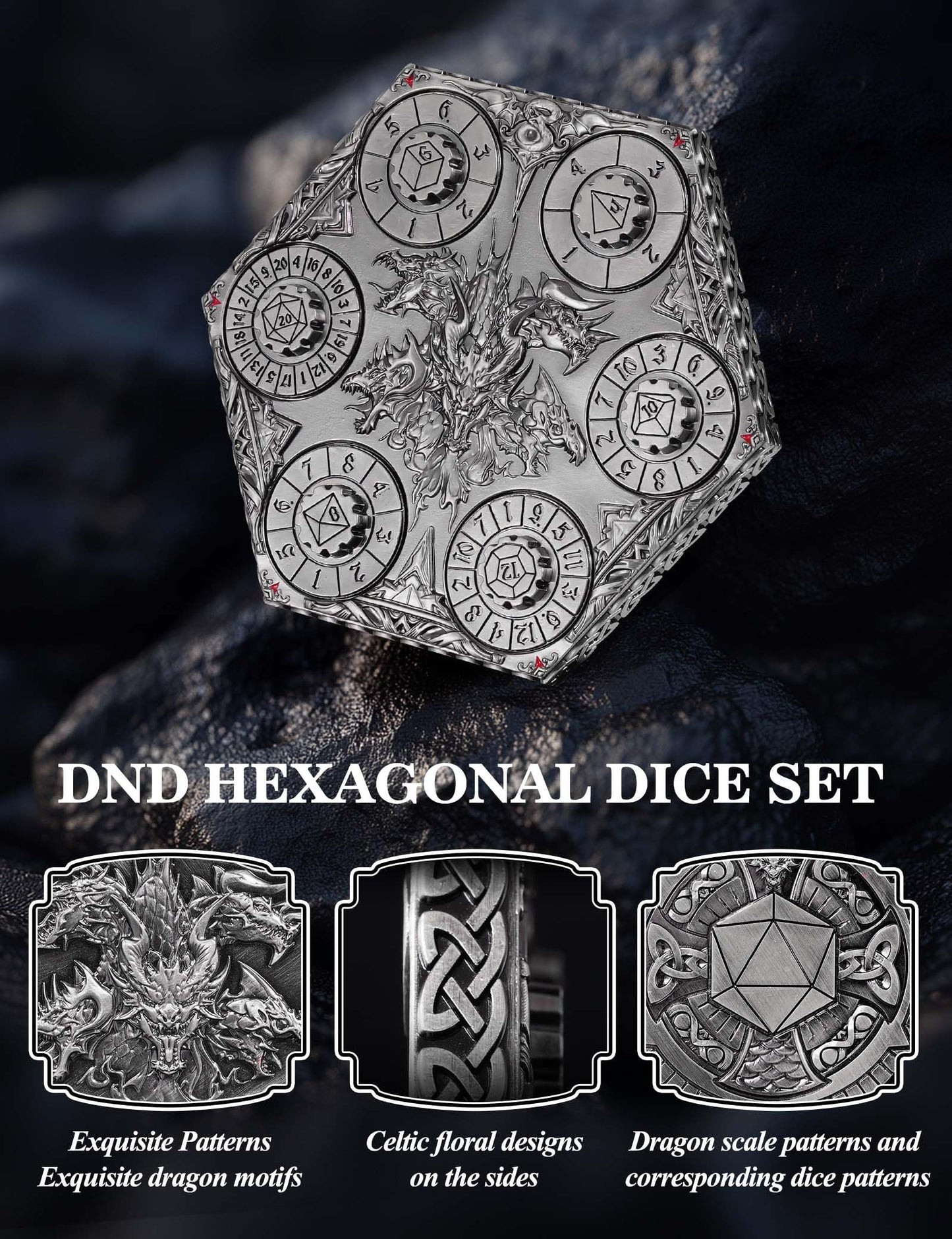 Banloga 7-Piece Metal D&D Dice Set with Dragon Pocket Watch Case | Portable Polyhedral Dice