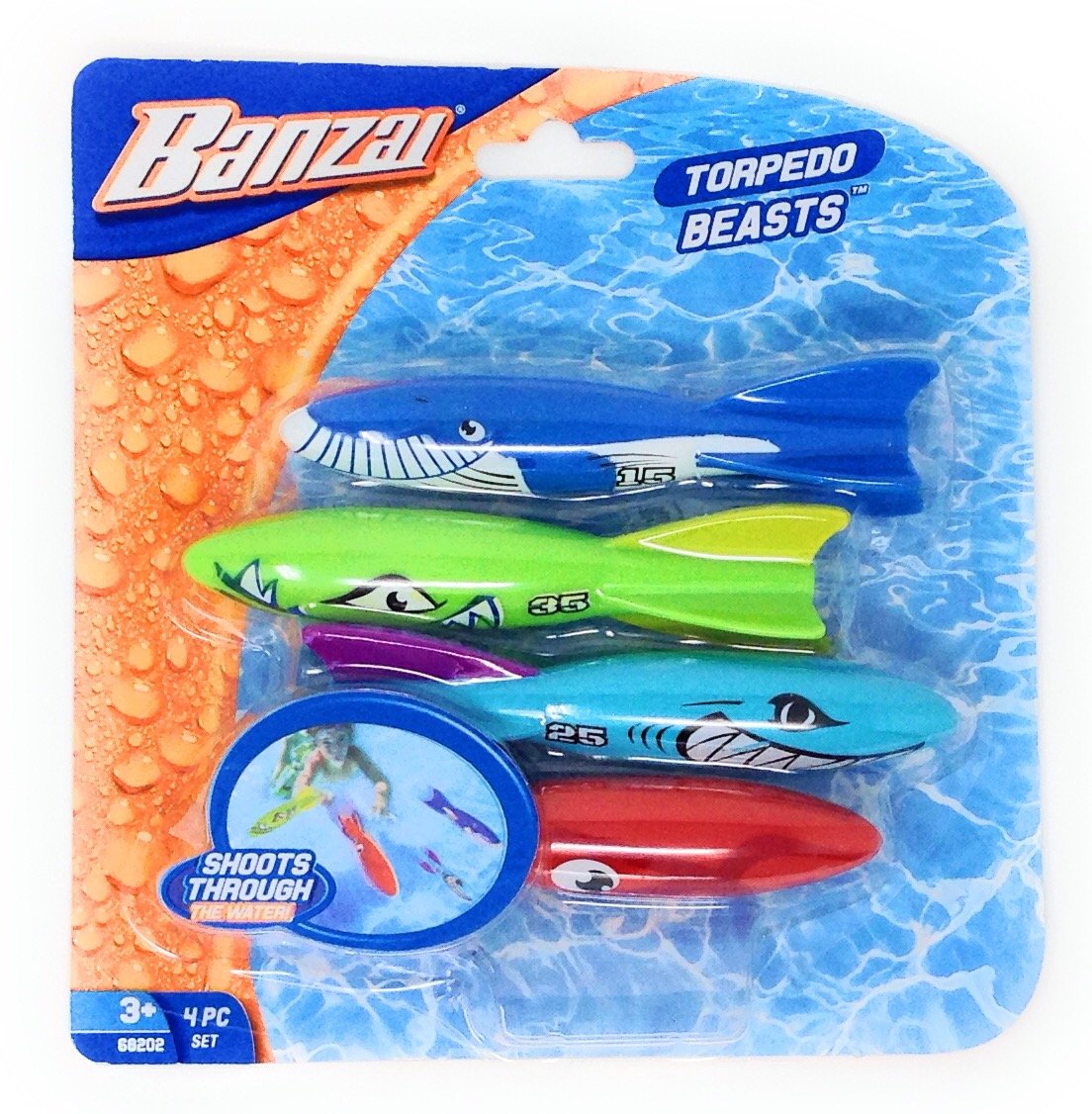 BANZAI Torpedo Beasts Sharks – 4-Pack Pool Diving Toys (Ages 3+)