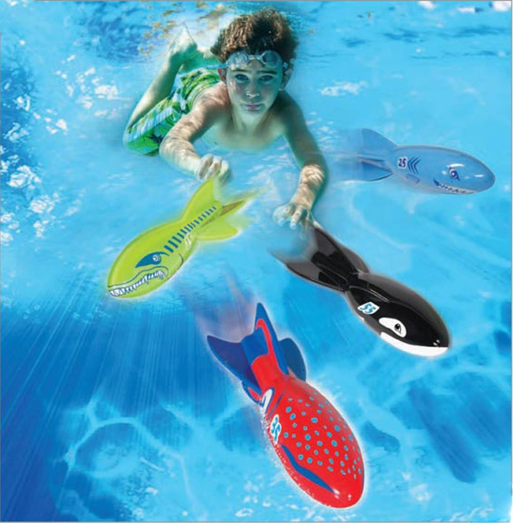 BANZAI Torpedo Beasts Sharks – 4-Pack Pool Diving Toys (Ages 3+)