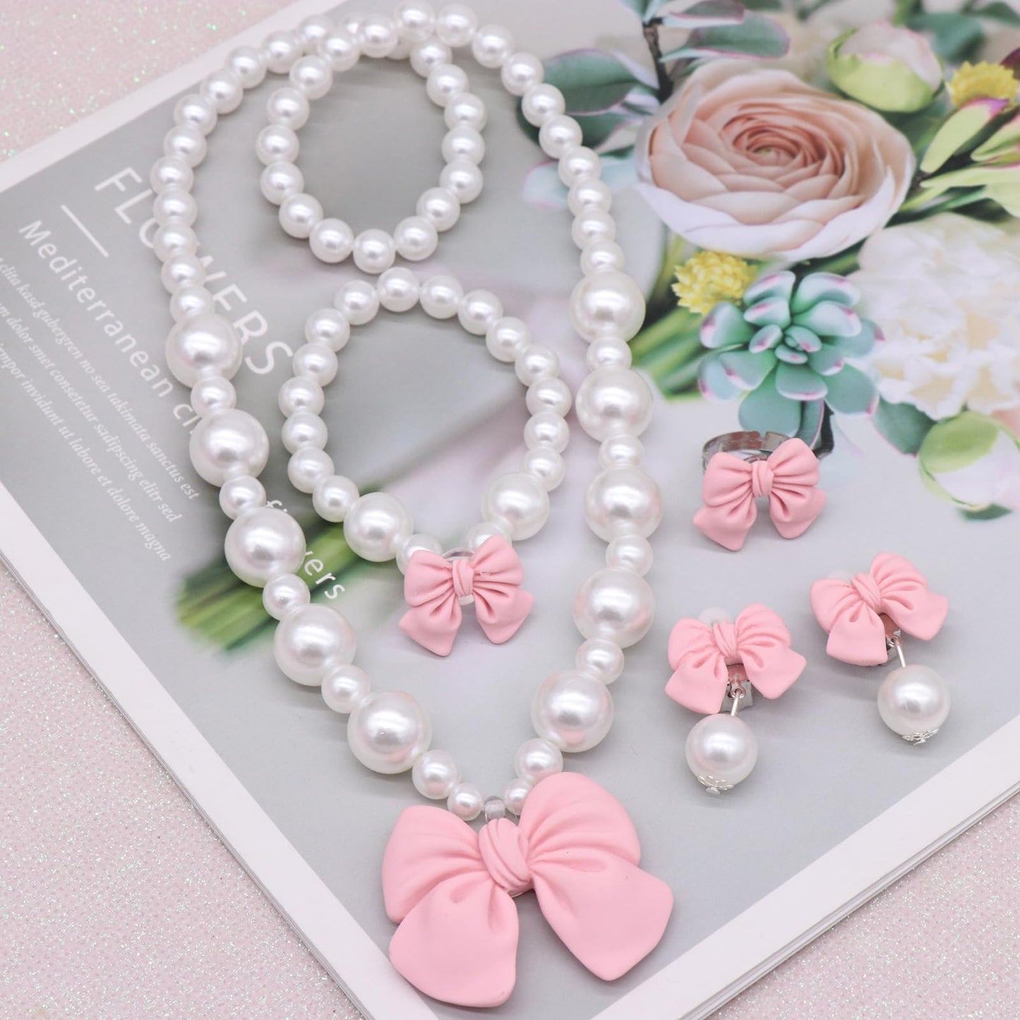 BAOBAOJOY Princess Jewelry Set for Girls – Handmade Bow Pearl Necklace, Bracelet, Ring & Clip Earrings | Pink