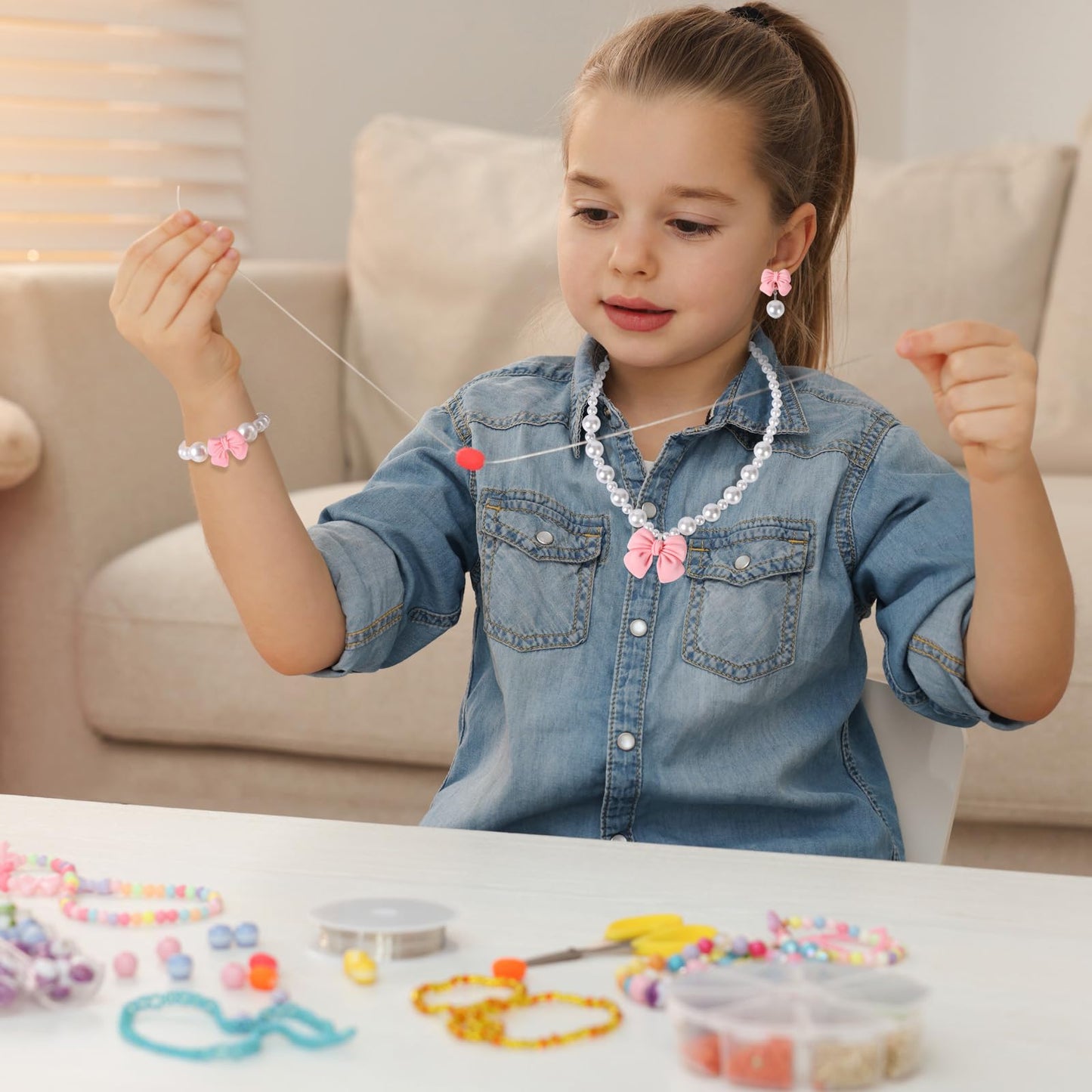 BAOBAOJOY Princess Jewelry Set for Girls – Handmade Bow Pearl Necklace, Bracelet, Ring & Clip Earrings | Pink