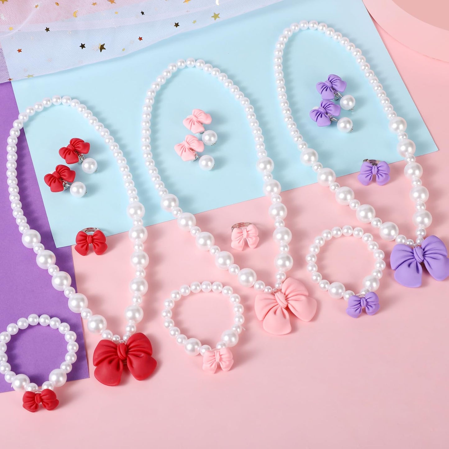 BAOBAOJOY Princess Jewelry Set for Girls – Handmade Bow Pearl Necklace, Bracelet, Ring & Clip Earrings | Pink