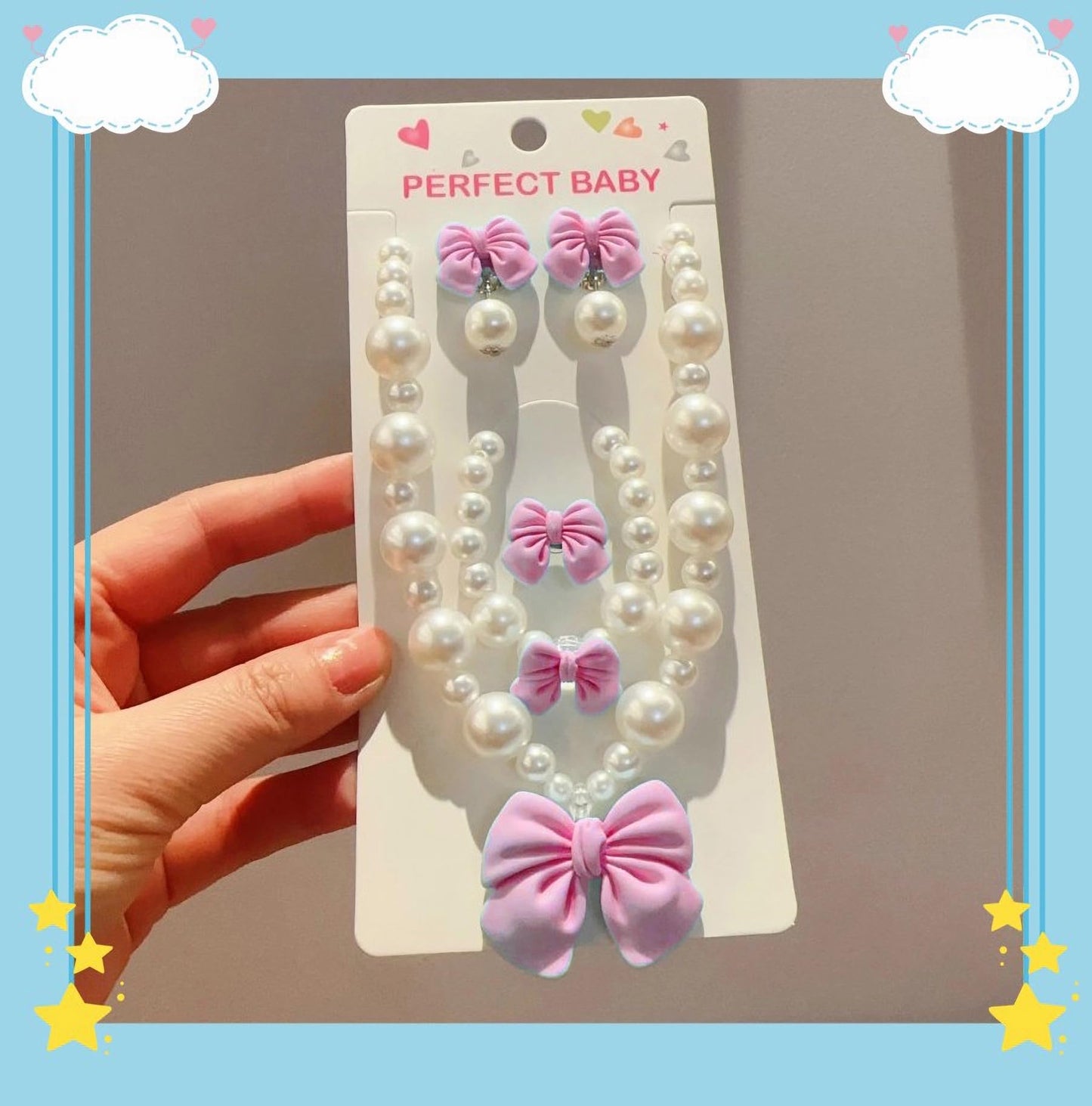 BAOBAOJOY Princess Jewelry Set for Girls – Handmade Bow Pearl Necklace, Bracelet, Ring & Clip Earrings | Pink