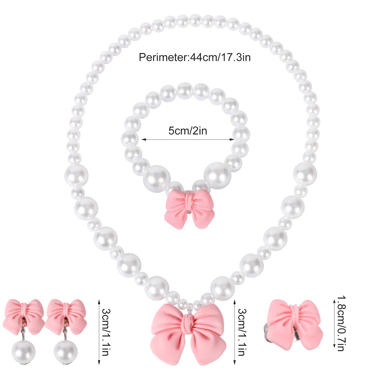 BAOBAOJOY Princess Jewelry Set for Girls – Handmade Bow Pearl Necklace, Bracelet, Ring & Clip Earrings | Pink