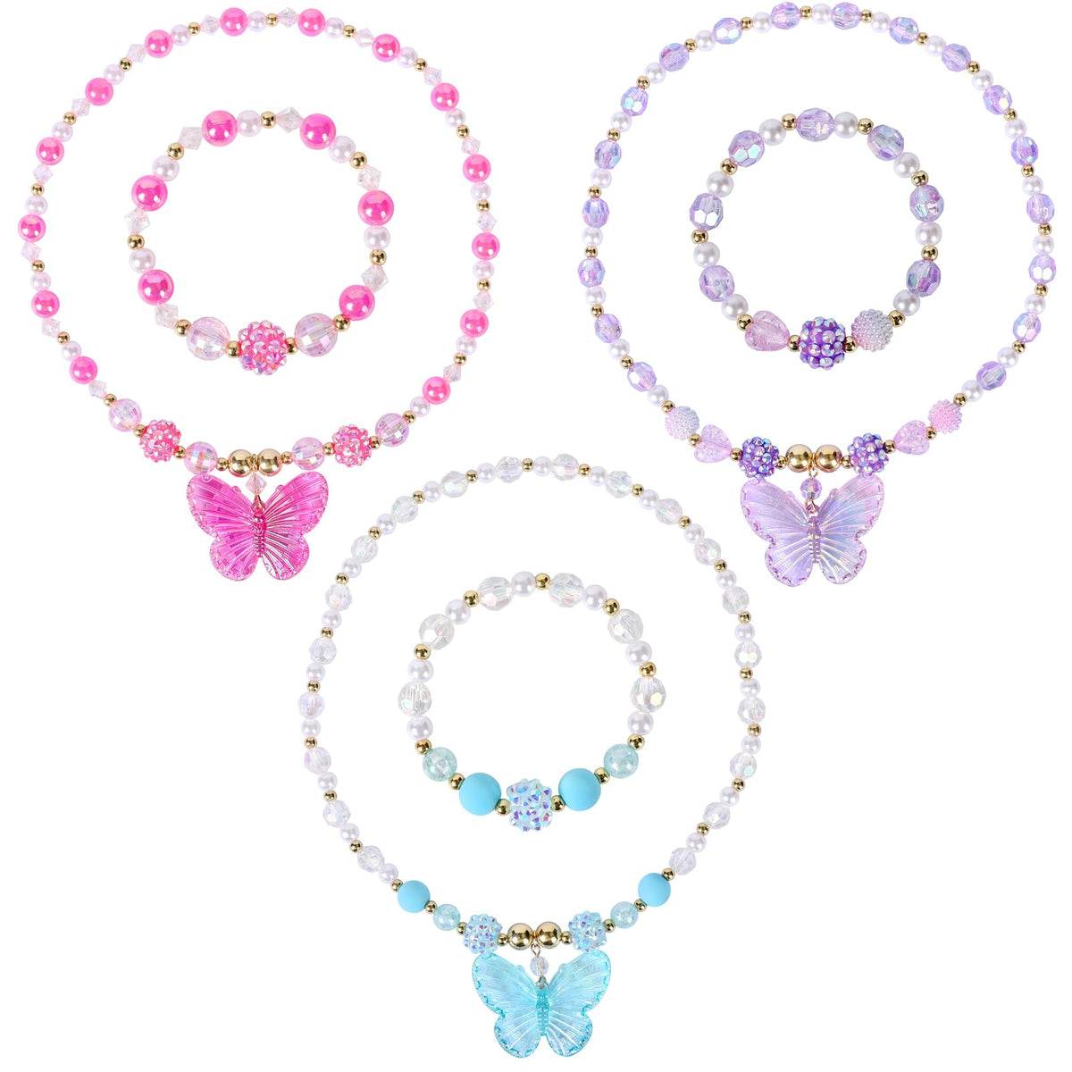 BAOBAOJOY 3-Piece Princess Butterfly Jewelry Set for Girls | Handmade Stretch Necklace & Bracelet