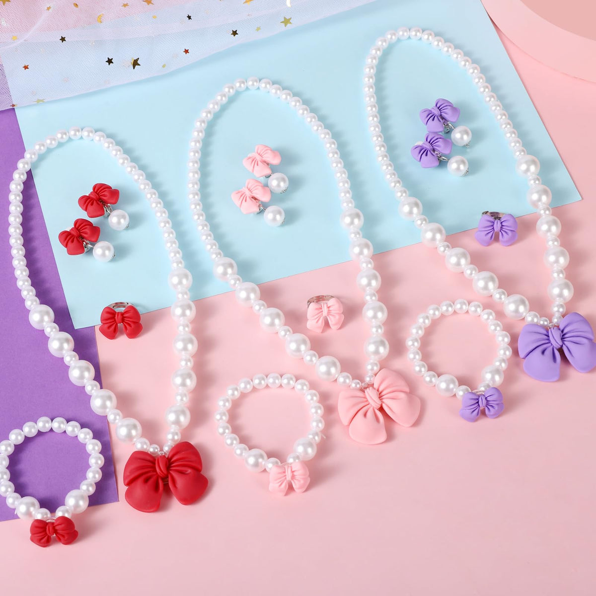 BAOBAOJOY Princess Jewelry Set for Little Girls — Handmade Bow Pearl Necklace, Bracelet, Ring & Earrings (Red)