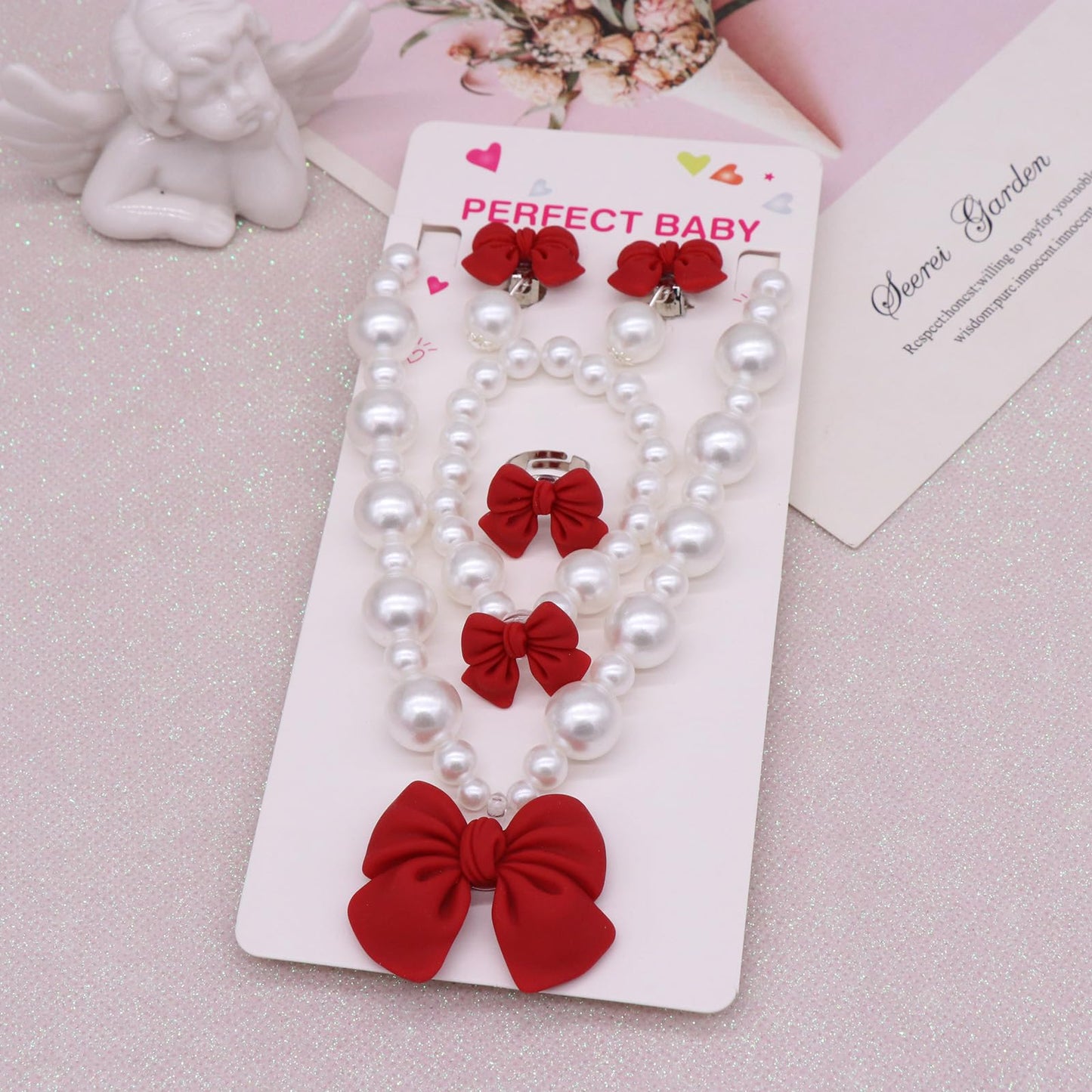 BAOBAOJOY Princess Jewelry Set for Little Girls — Handmade Bow Pearl Necklace, Bracelet, Ring & Earrings (Red)