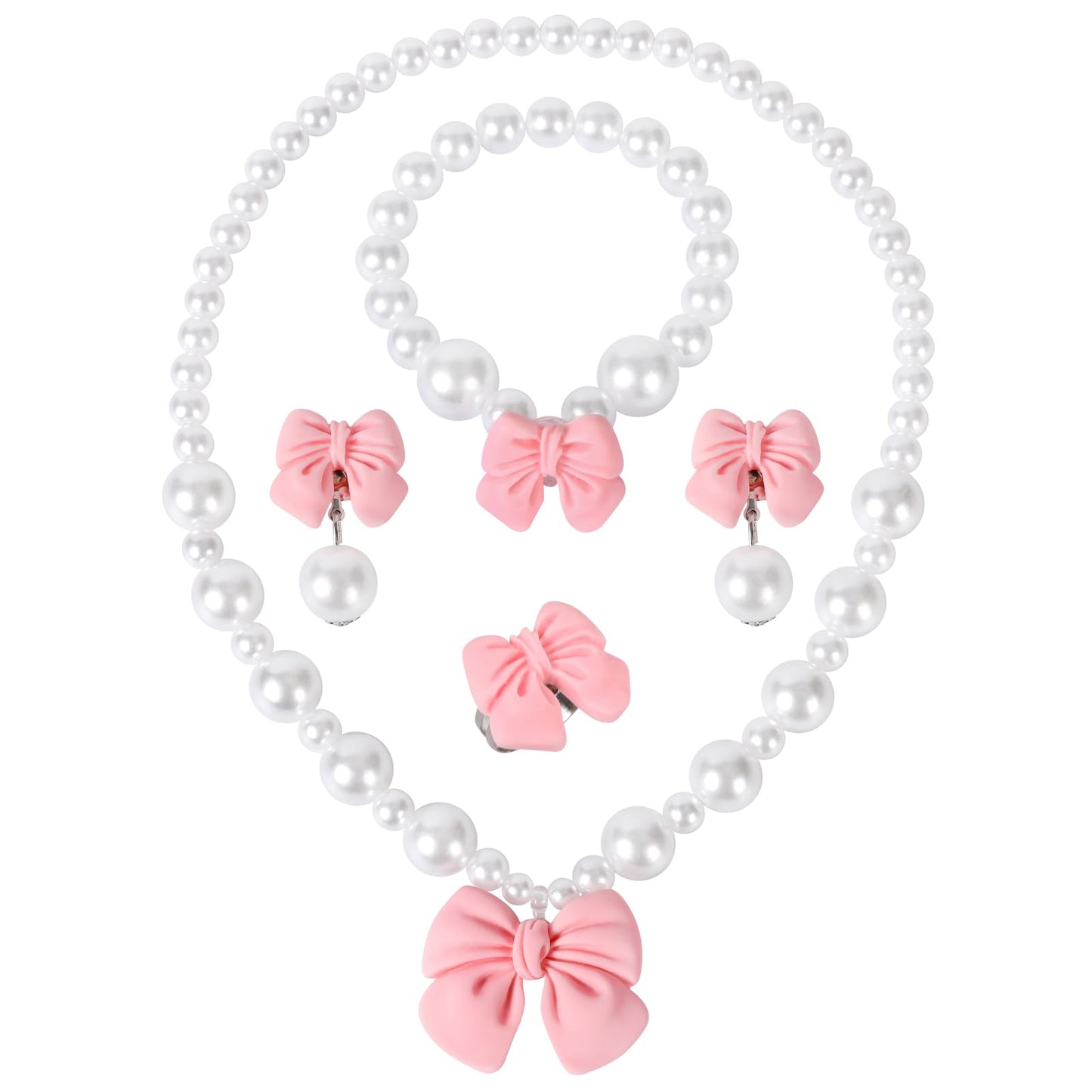 BAOBAOJOY Princess Jewelry Set for Girls – Handmade Bow Pearl Necklace, Bracelet, Ring & Clip Earrings | Pink