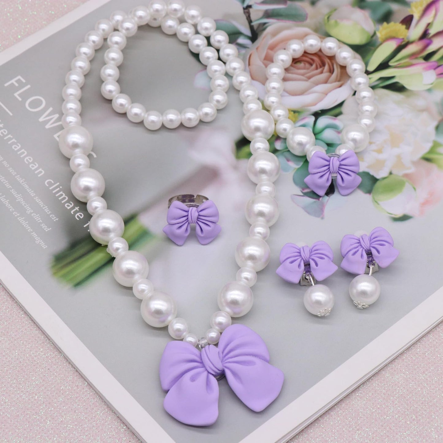 BAOBAOJOY Princess Jewelry for Little Girls - Handmade Bow Pearl Set (Purple)