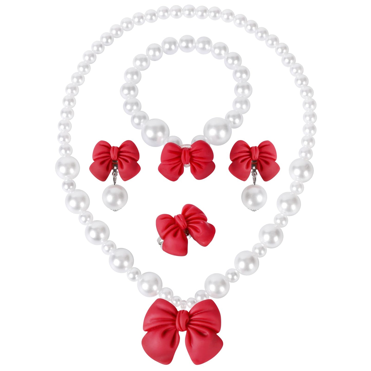 BAOBAOJOY Princess Jewelry Set for Little Girls — Handmade Bow Pearl Necklace, Bracelet, Ring & Earrings (Red)