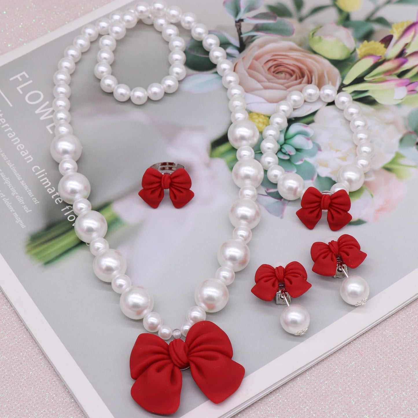 BAOBAOJOY Princess Jewelry Set for Little Girls — Handmade Bow Pearl Necklace, Bracelet, Ring & Earrings (Red)