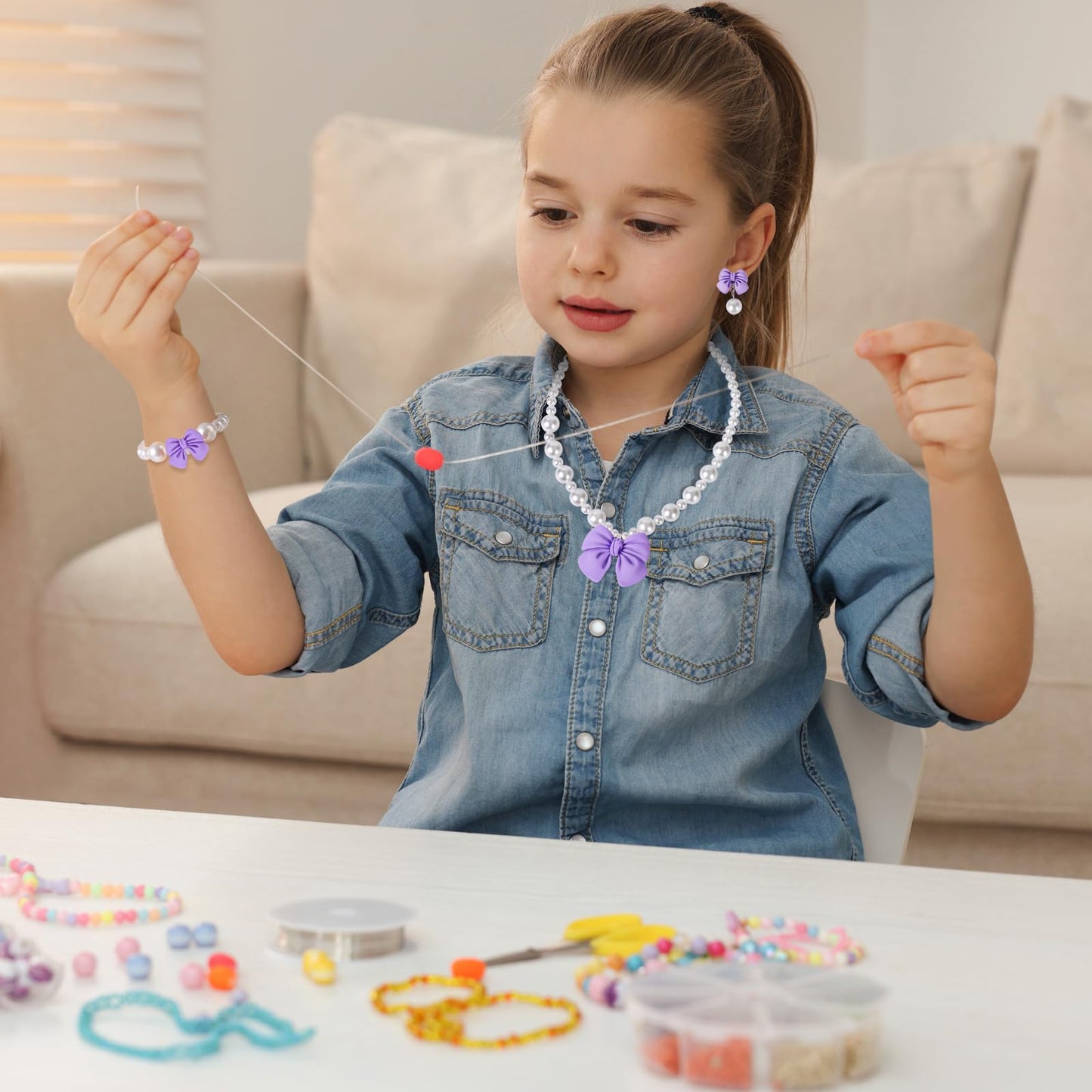 BAOBAOJOY Princess Jewelry for Little Girls - Handmade Bow Pearl Set (Purple)