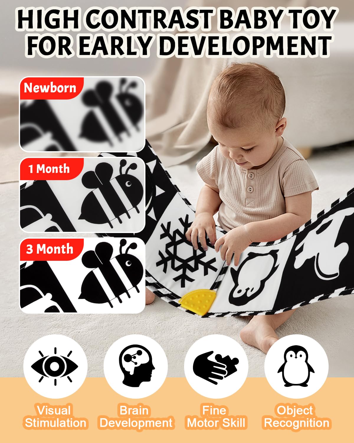 Baobrava High Contrast Baby Toy Book – Black & White Visual Stimulation for Newborns