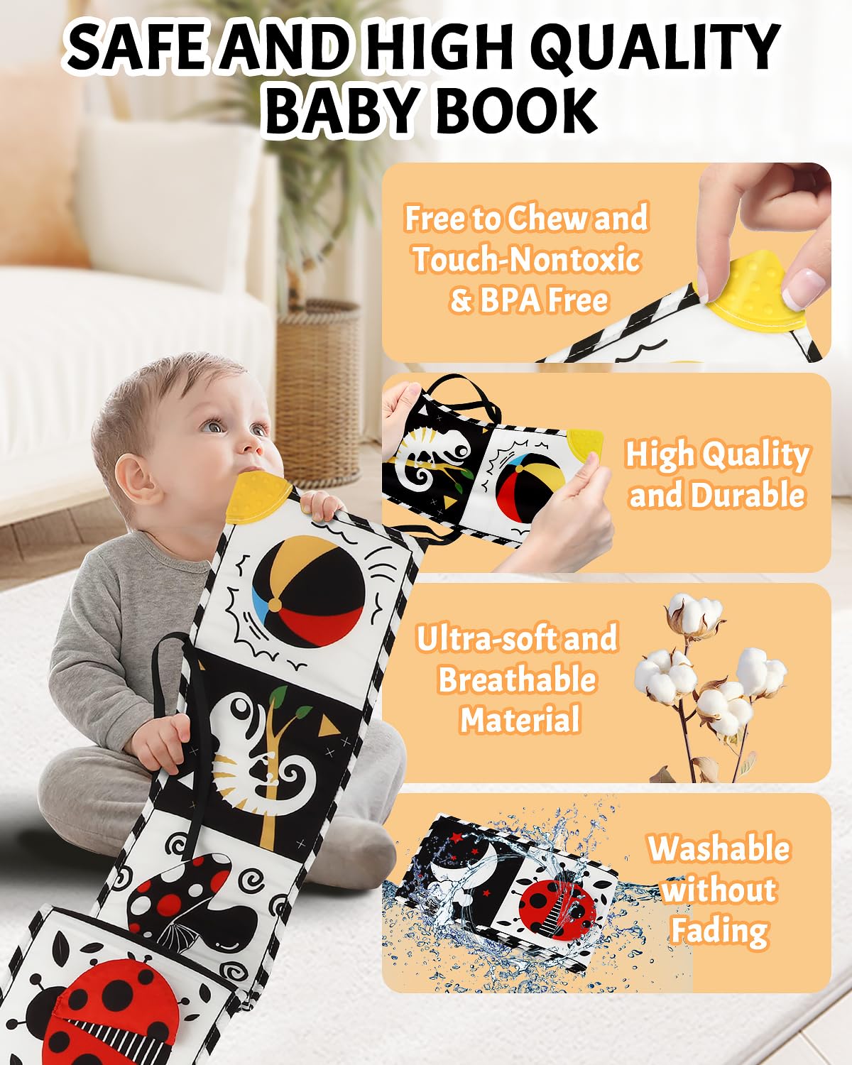 Baobrava Tummy Time Toys — High-Contrast Black & White Baby Book with Mirror & Teether (0-6 Months)