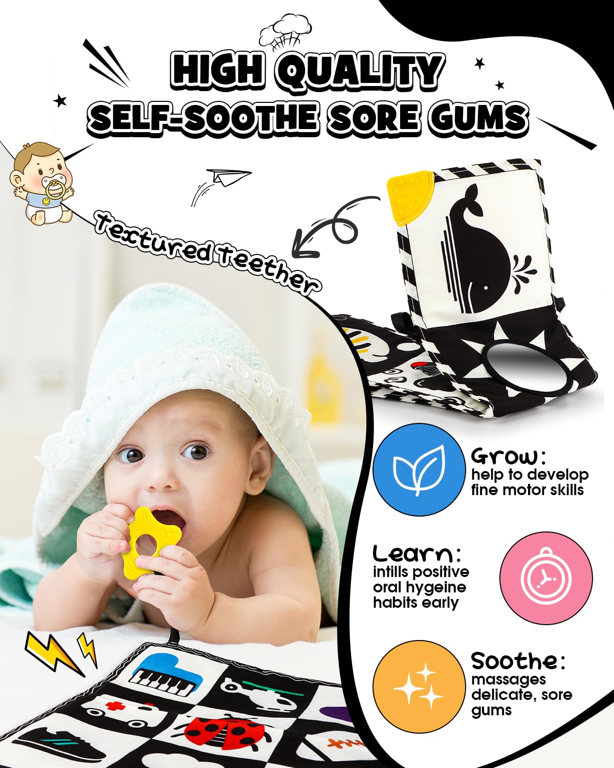 Baobrava 3 PCS Black & White High-Contrast Baby Toys for Newborns | Montessori Sensory Set 0-12 Months