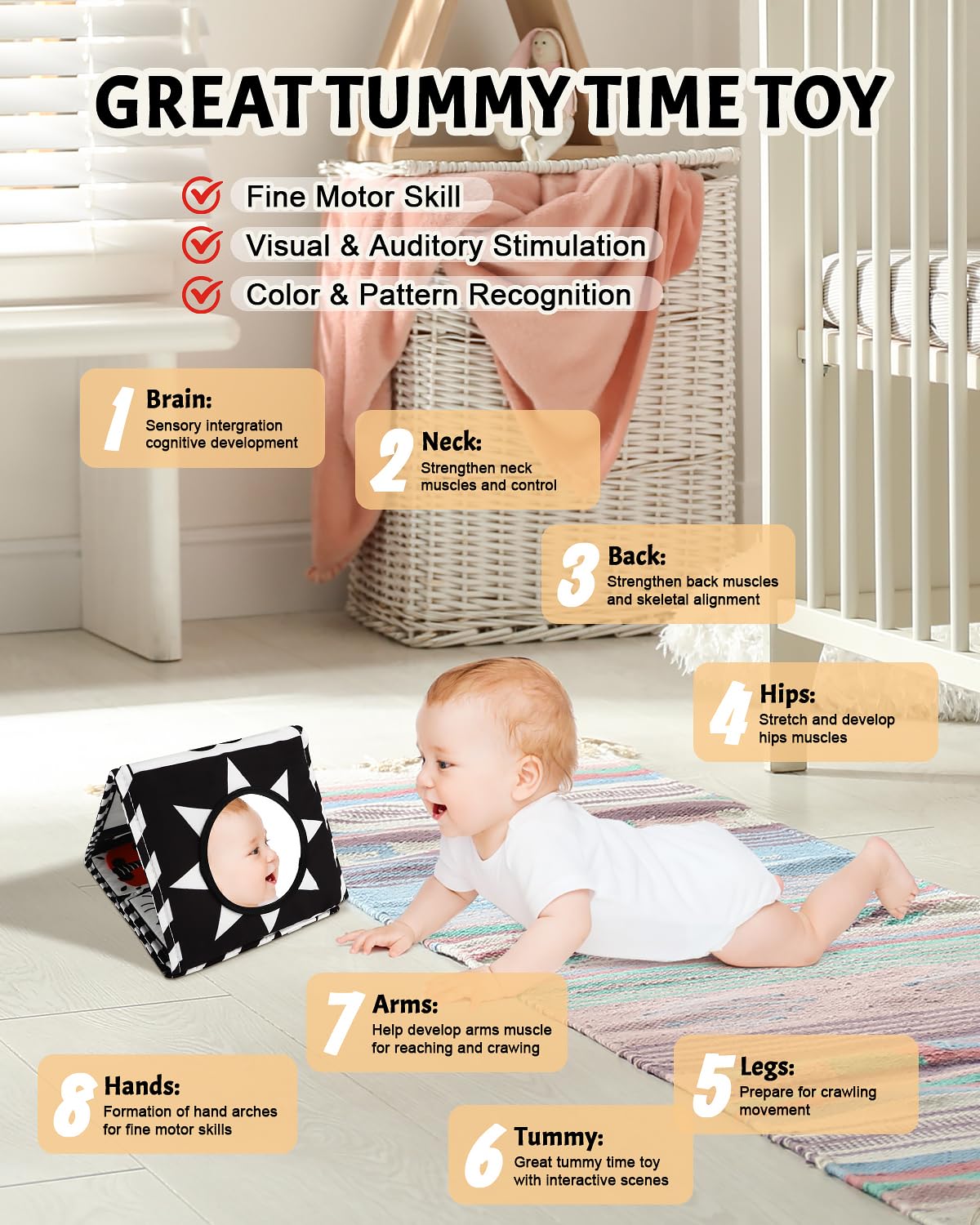 Baobrava Tummy Time Toys — High-Contrast Black & White Baby Book with Mirror & Teether (0-6 Months)