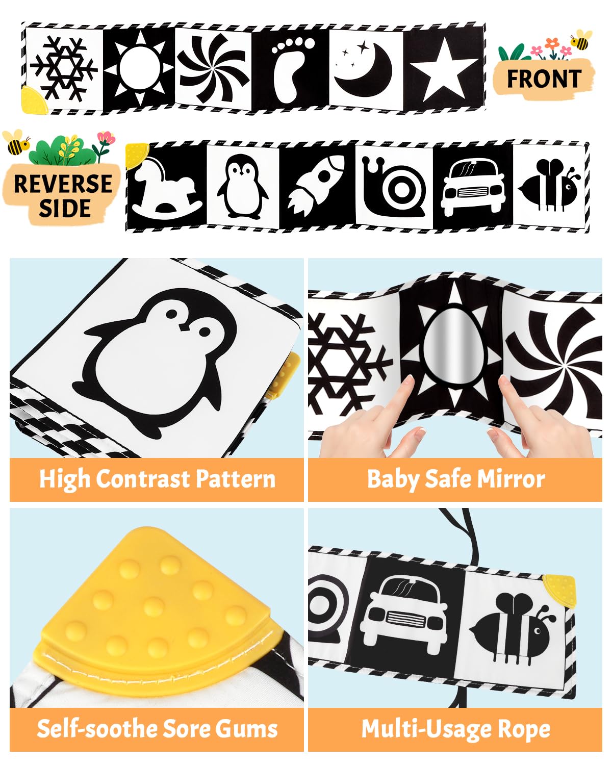 Baobrava High Contrast Baby Toy Book – Black & White Visual Stimulation for Newborns