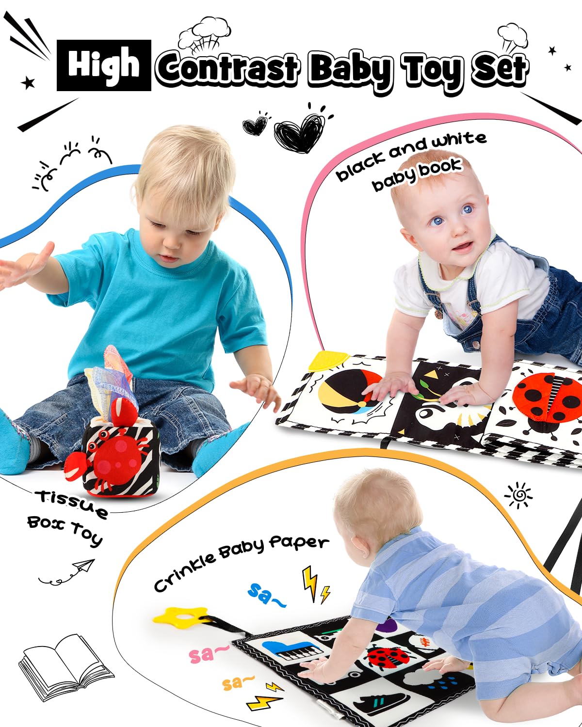 Baobrava 3 PCS Black & White High-Contrast Baby Toys for Newborns | Montessori Sensory Set 0-12 Months