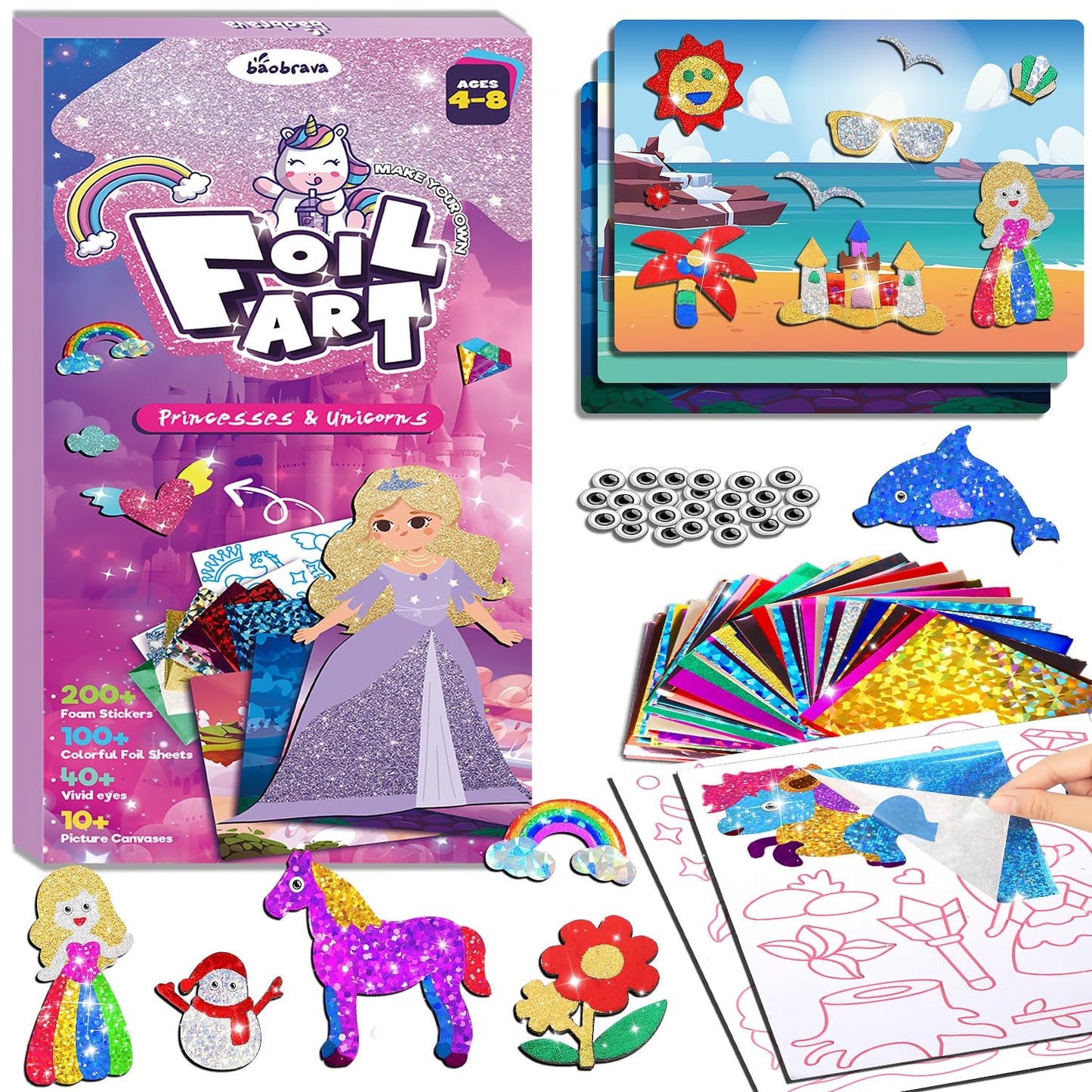 Baobrava Foil Art Fun Kit for Kids – No Mess Creative Craft, 10 Canvases, 100 Foil Sheets