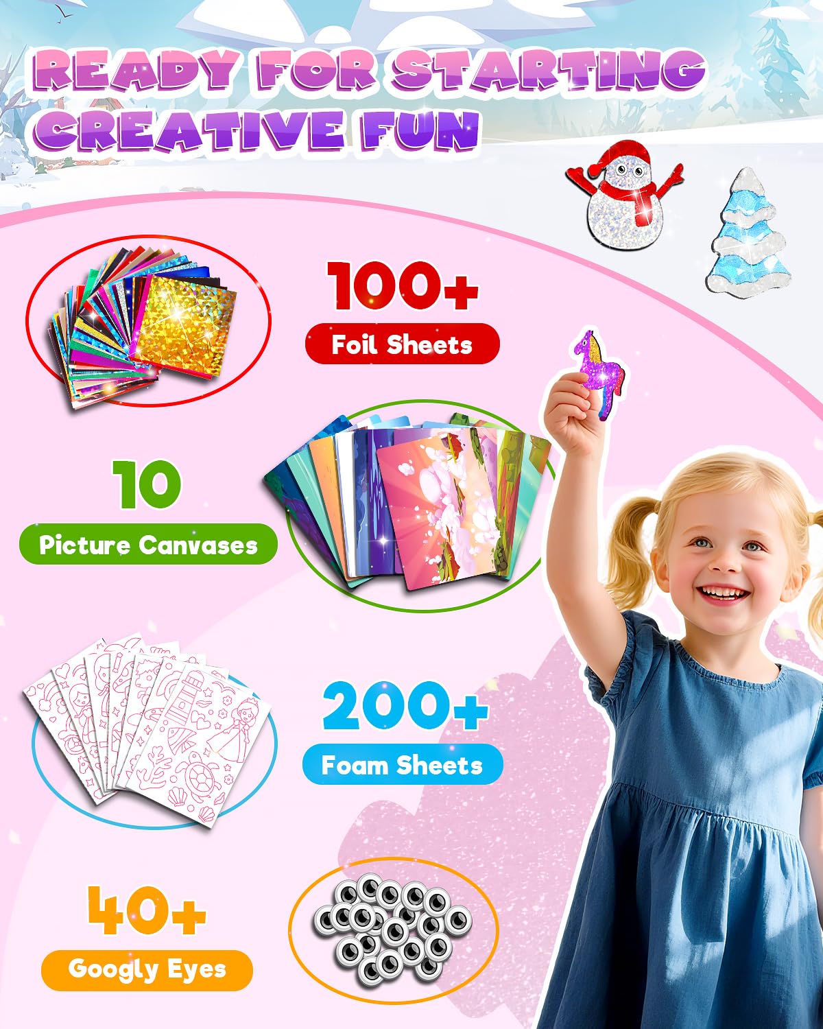 Baobrava Foil Art Fun Kit for Kids – No Mess Creative Craft, 10 Canvases, 100 Foil Sheets