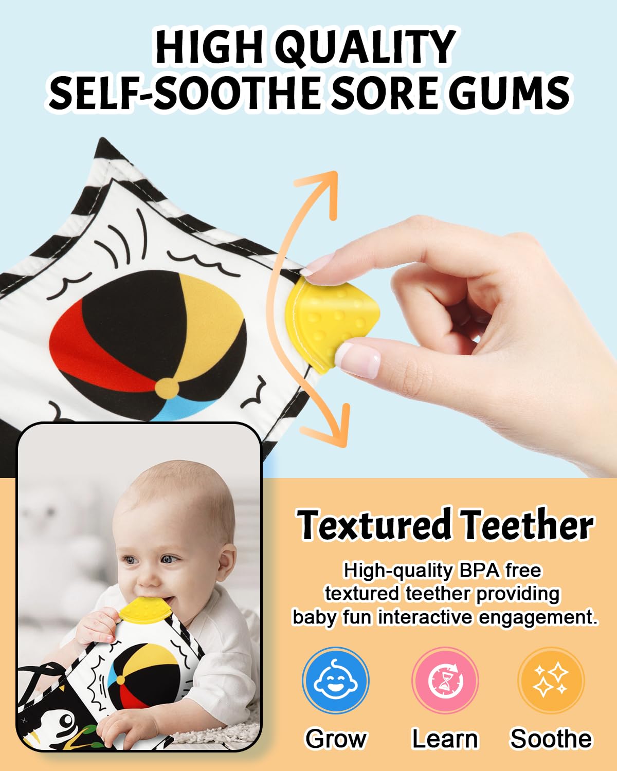 Baobrava Tummy Time Toys — High-Contrast Black & White Baby Book with Mirror & Teether (0-6 Months)