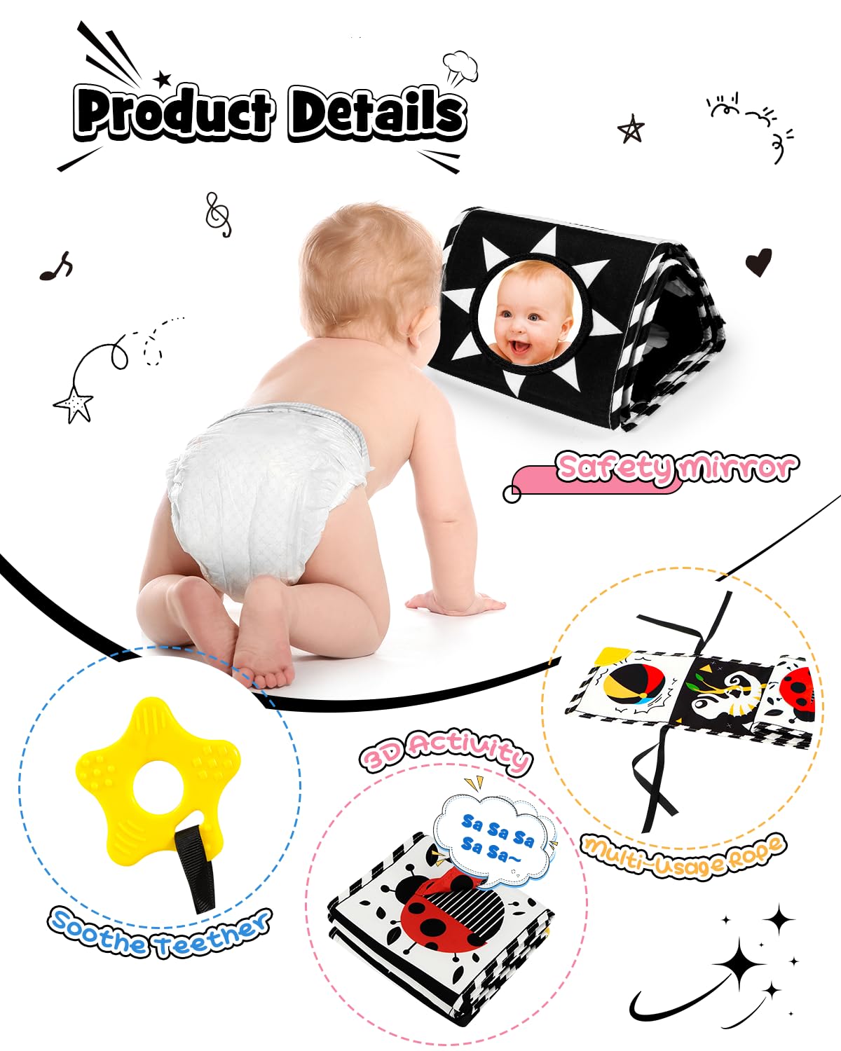 Baobrava 3 PCS Black & White High-Contrast Baby Toys for Newborns | Montessori Sensory Set 0-12 Months