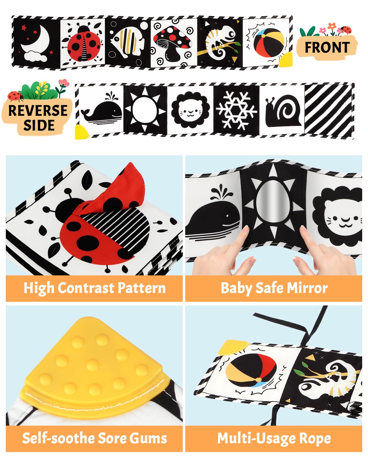 Baobrava Tummy Time Toys — High-Contrast Black & White Baby Book with Mirror & Teether (0-6 Months)