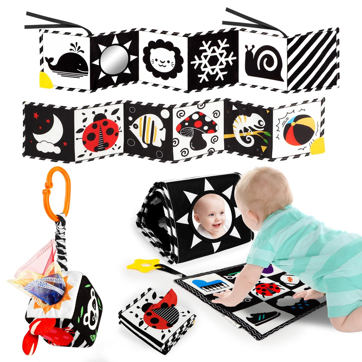 Baobrava 3 PCS Black & White High-Contrast Baby Toys for Newborns | Montessori Sensory Set 0-12 Months