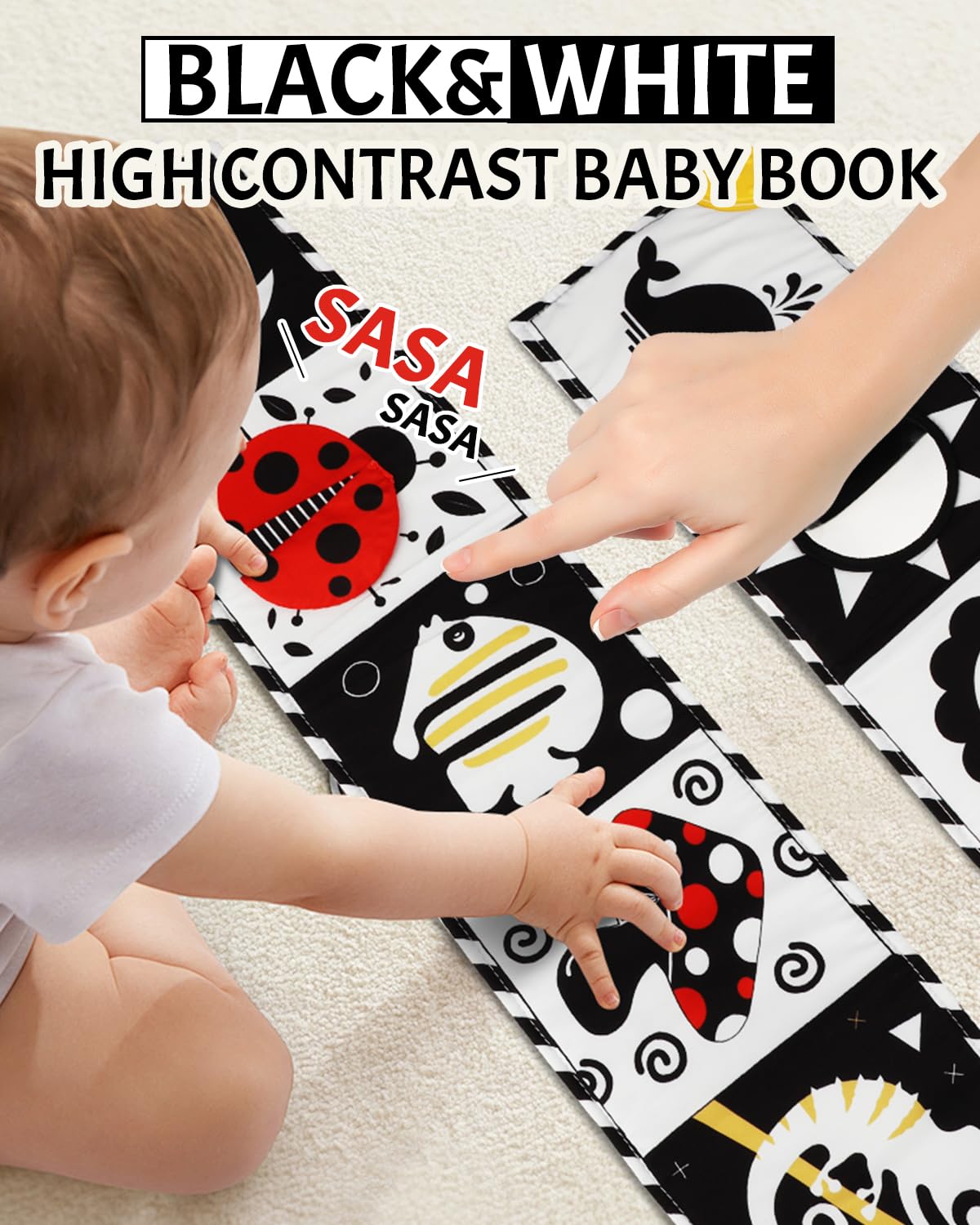 Baobrava Tummy Time Toys — High-Contrast Black & White Baby Book with Mirror & Teether (0-6 Months)
