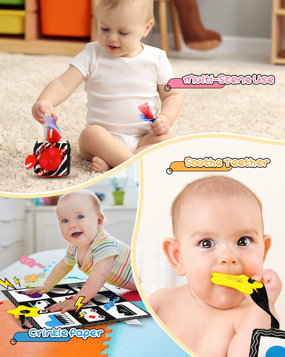 Baobrava 3 PCS Black & White High-Contrast Baby Toys for Newborns | Montessori Sensory Set 0-12 Months