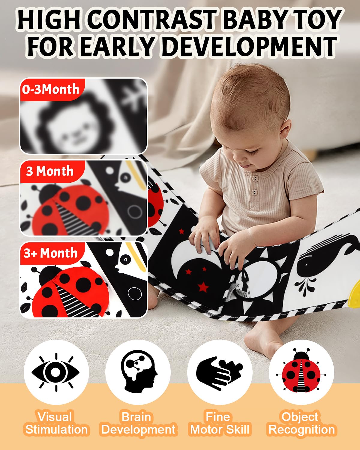 Baobrava Tummy Time Toys — High-Contrast Black & White Baby Book with Mirror & Teether (0-6 Months)