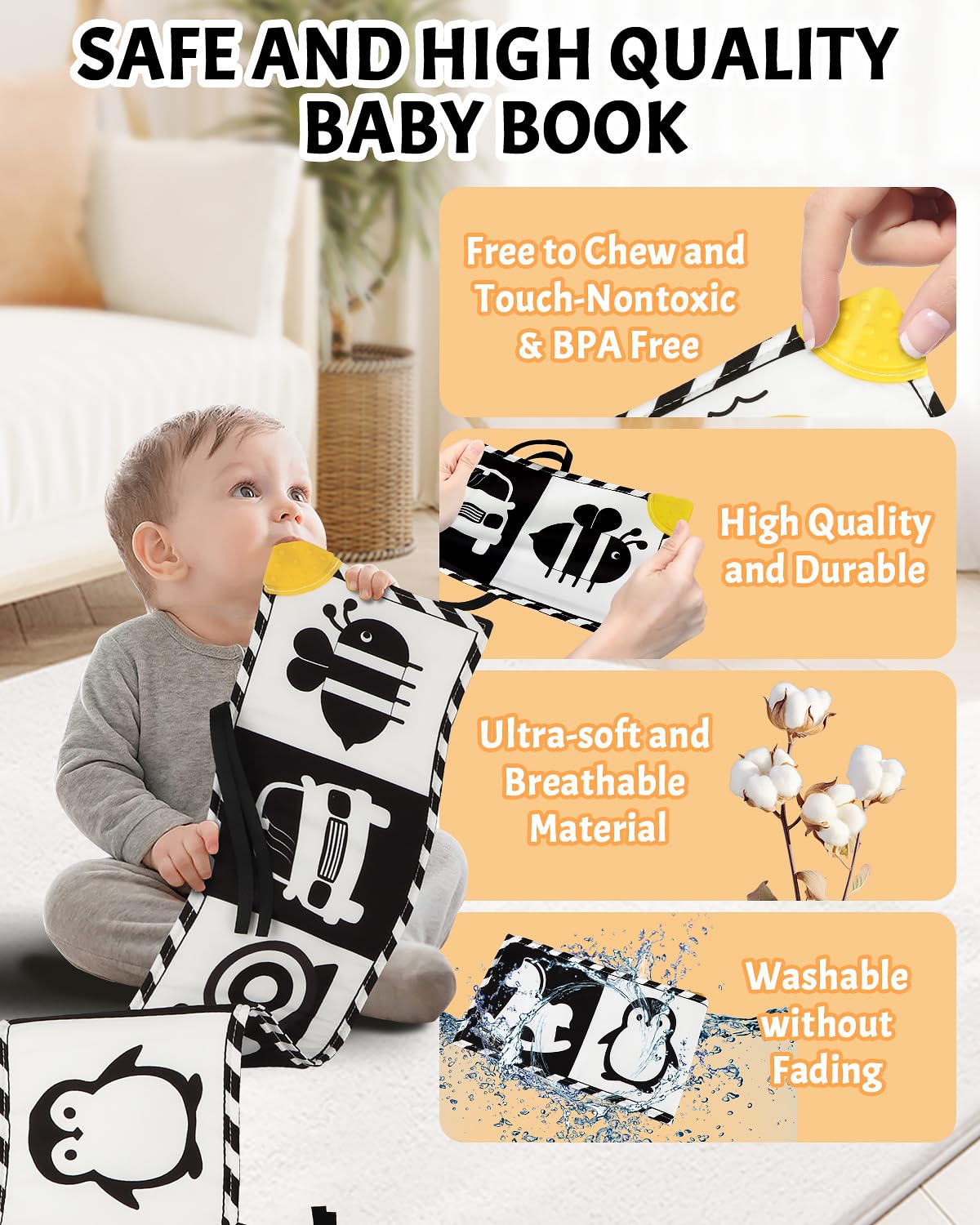 Baobrava High Contrast Baby Toy Book – Black & White Visual Stimulation for Newborns