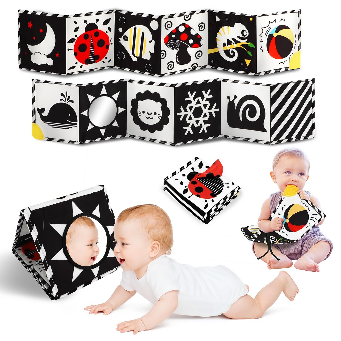Baobrava Tummy Time Toys — High-Contrast Black & White Baby Book with Mirror & Teether (0-6 Months)