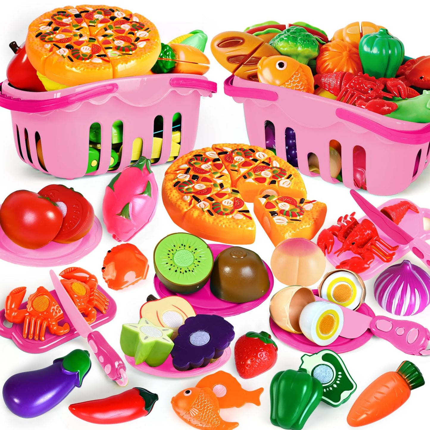 BAODLON 100 Pcs Play Food Set for Kids – Pretend Kitchen Toys with Baskets, Plates, and Safe Cutting Tools