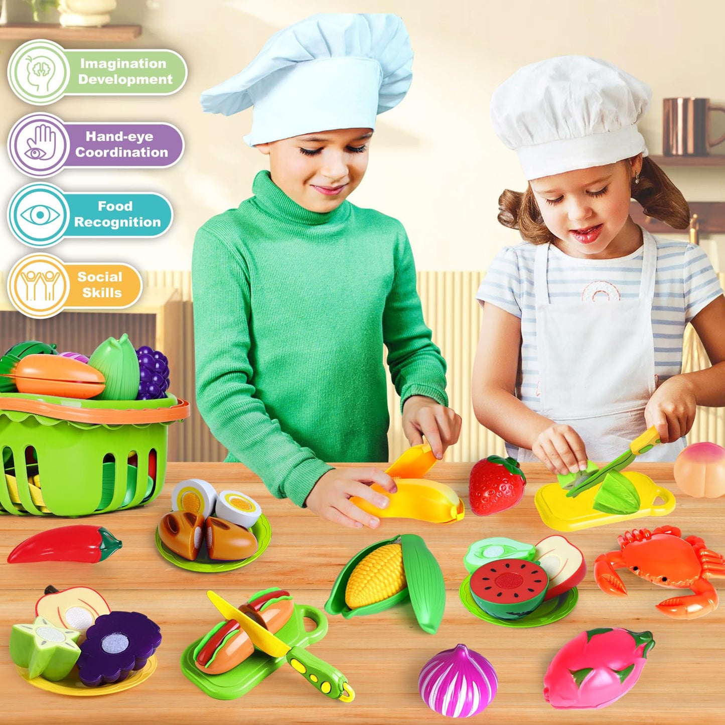BAODLON 100 Pcs Cutting Play Food Set – Pretend Kitchen Toys for Toddlers 2-5