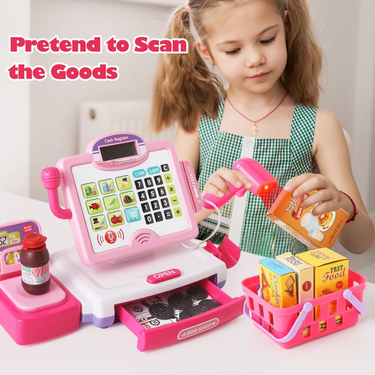 Baodlon Pink Play Calculator Cash Register – 57-Piece Grocery Store Toy for Kids 3-8