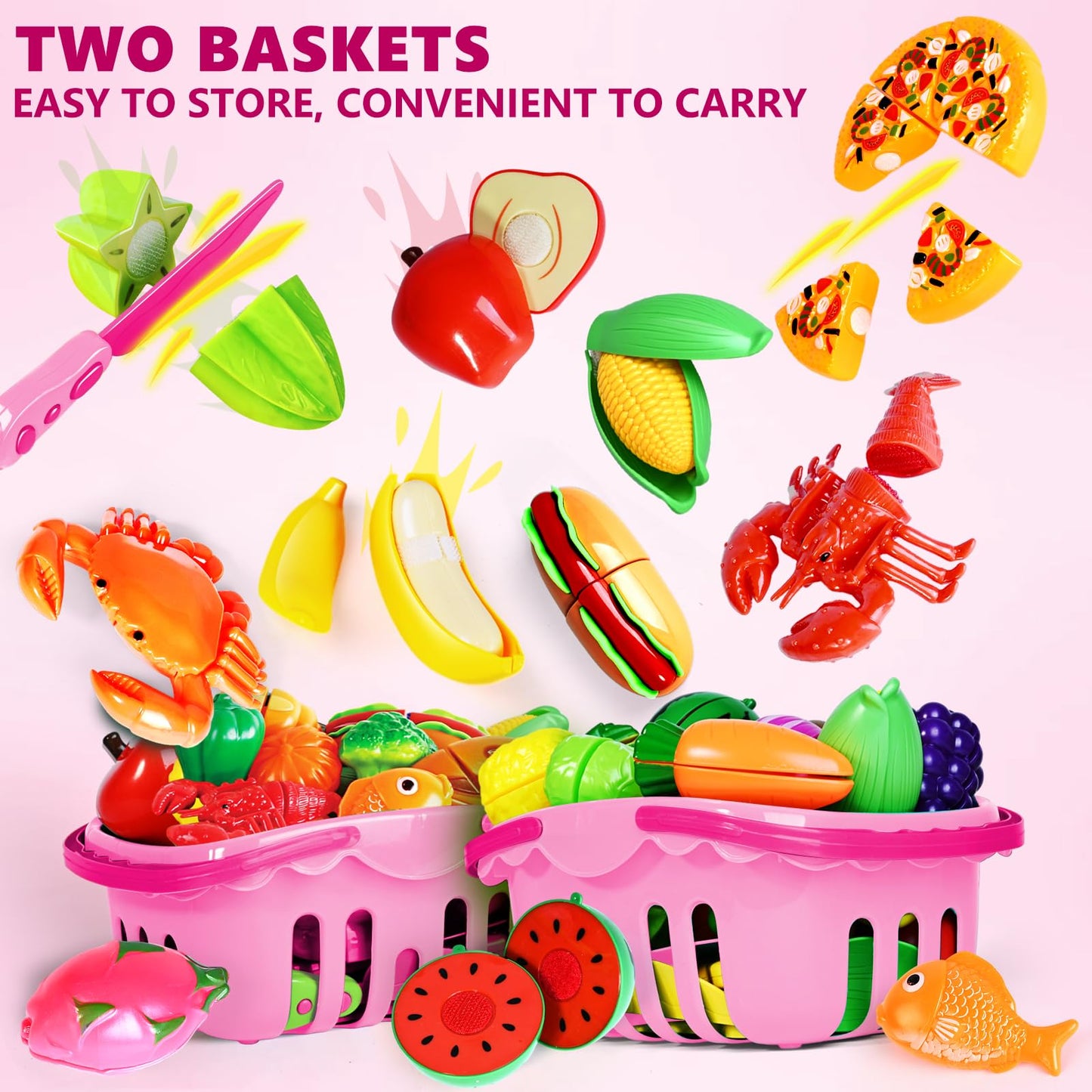 BAODLON 100 Pcs Play Food Set for Kids – Pretend Kitchen Toys with Baskets, Plates, and Safe Cutting Tools