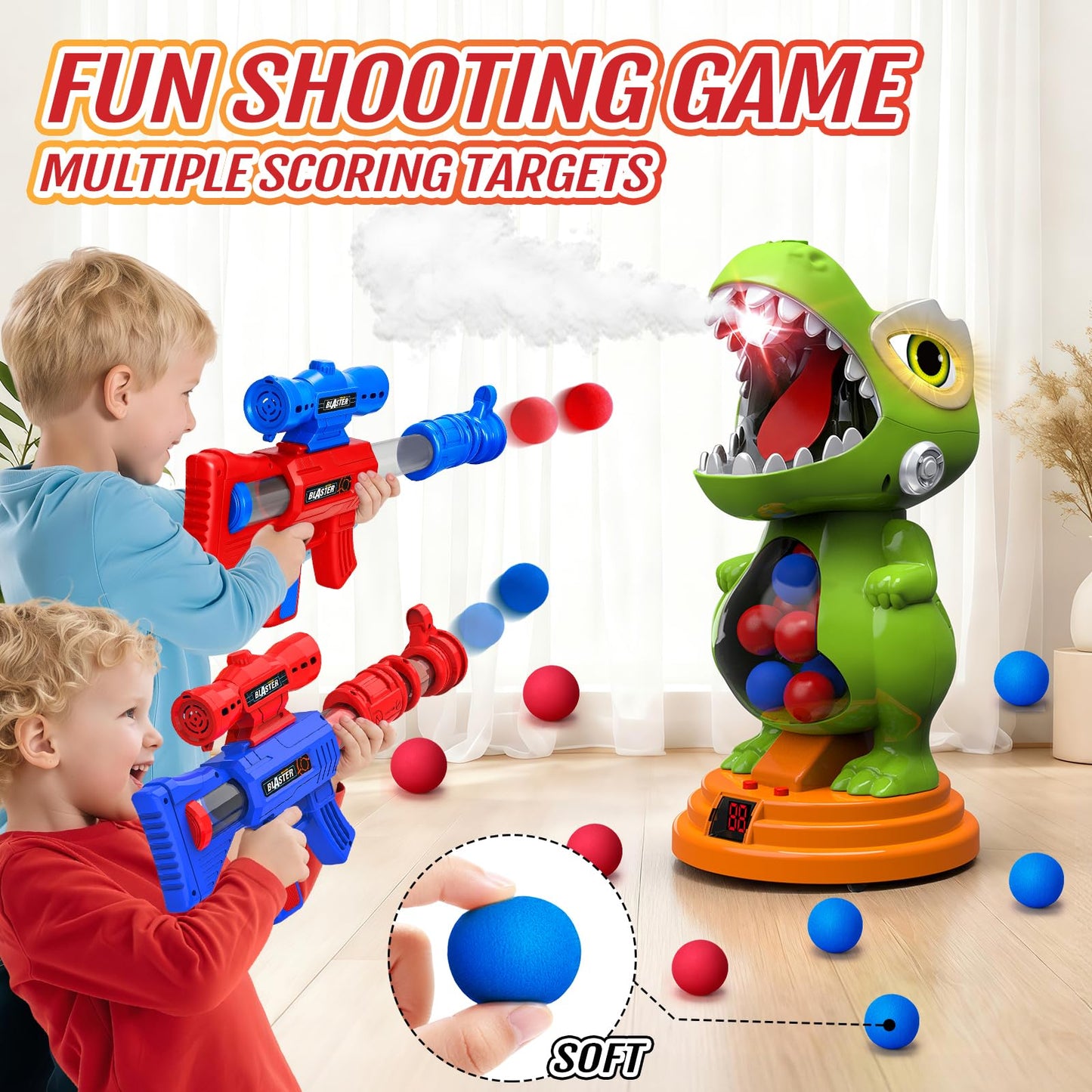 BAODLON Dinosaur Shooting Toys – Movable Target, 2 Guns, Light & Sound