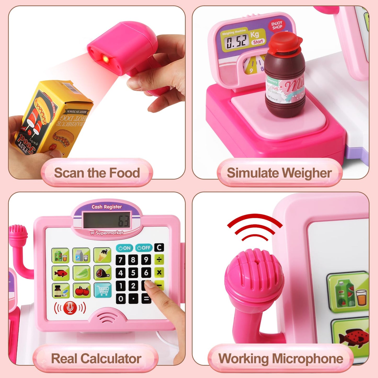 Baodlon Pink Play Calculator Cash Register – 57-Piece Grocery Store Toy for Kids 3-8