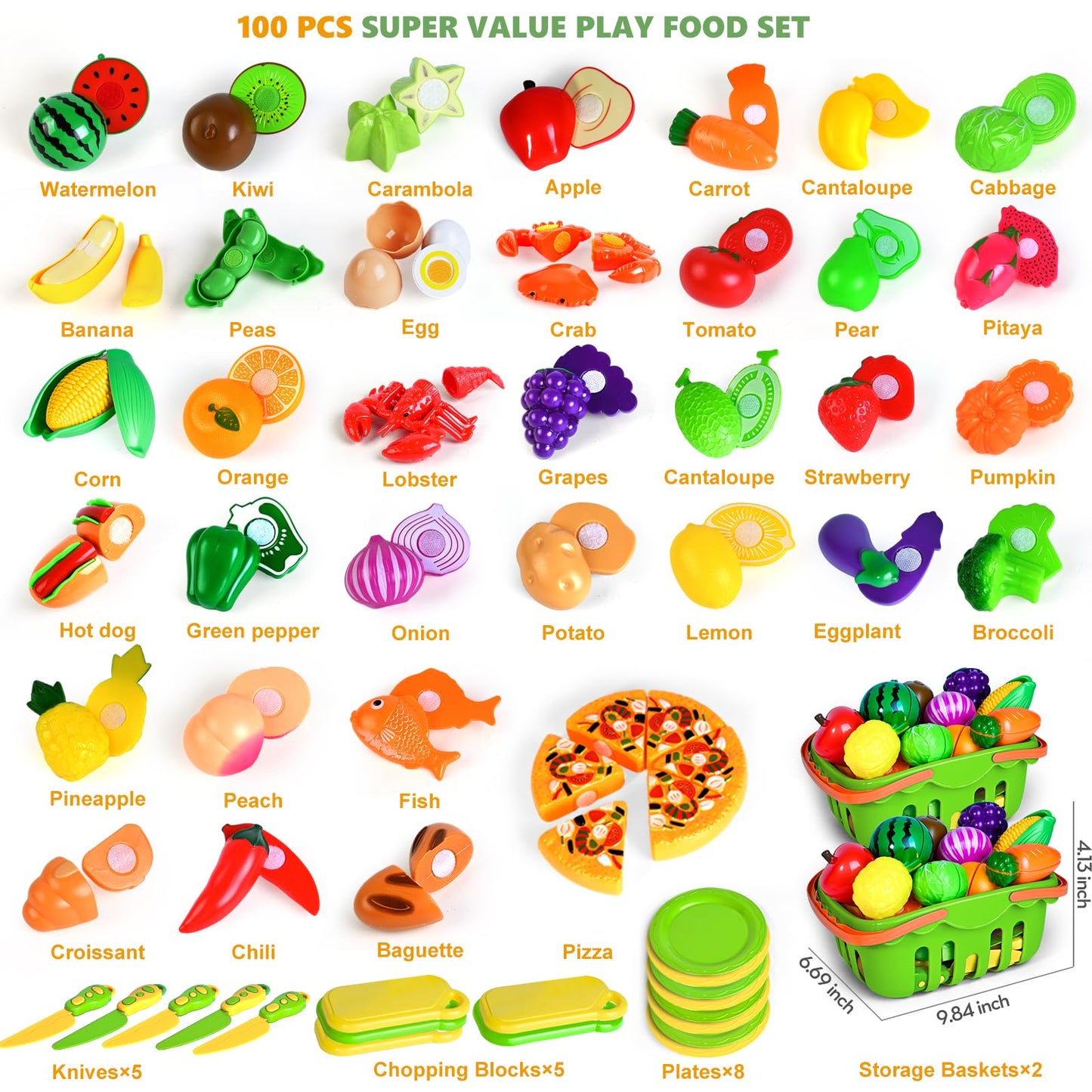 BAODLON 100 Pcs Cutting Play Food Set – Pretend Kitchen Toys for Toddlers 2-5