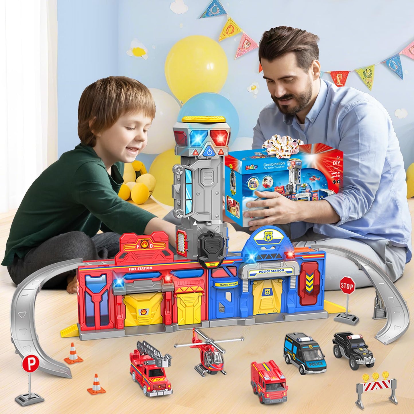 BAODLON 29.5'' Large City Action Transform Track Set – Police & Fire Station