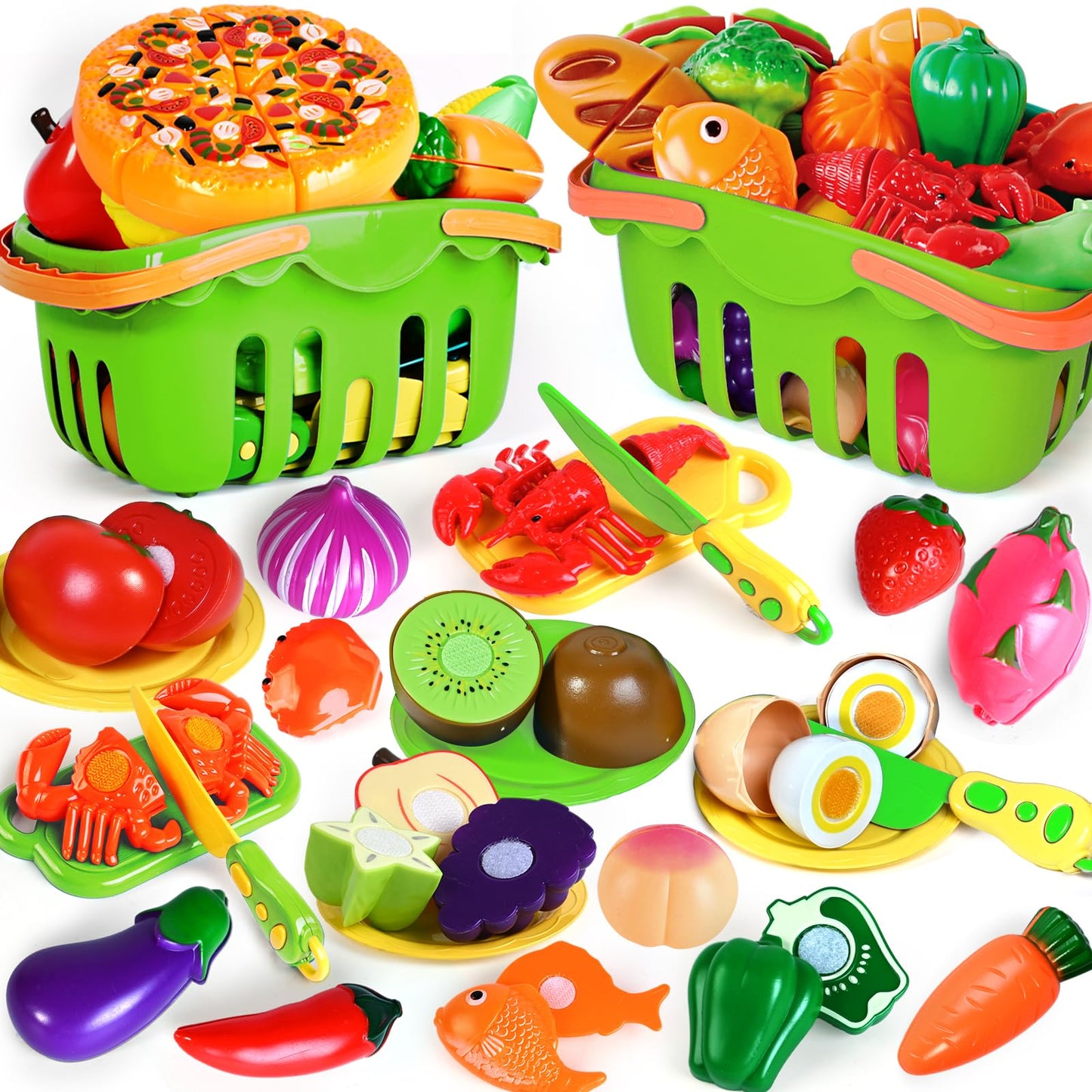 BAODLON 100 Pcs Cutting Play Food Set – Pretend Kitchen Toys for Toddlers 2-5